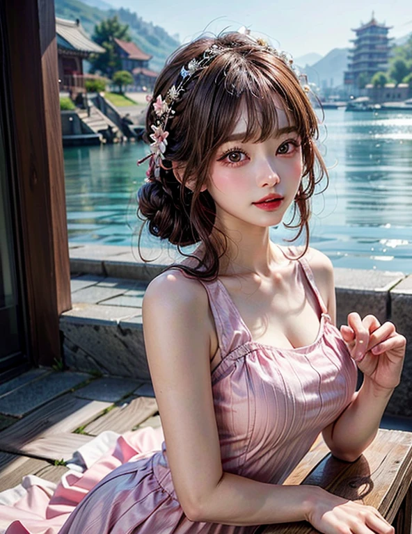masterpiece, best quality, seaside, banquet, 1 female, Mature woman, elegant, Chinese, China, elder sister, Royal elder sister, Happy, Ball head, Light brown hair, pink eyes, Gorgeous headdress, Light pink lips, Pink clothes, yarn clothing, Intellectuals, Full bangs, Straight bangs, Flower Balls, Delicate face,Hair Bun