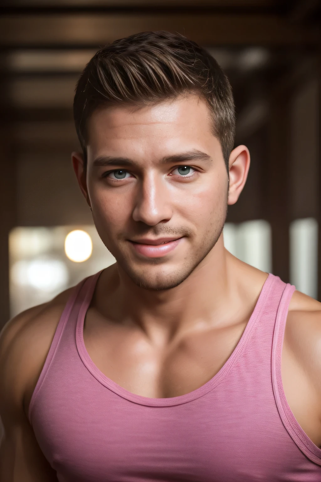 ((Men only)), (head shot), (Tanned handsome muscular man in his 20s in pink tanktop), (pink short hair), (Chris Redfield), Mischievous smile, (detaile: 1 in 1), Natural muscles, HIG quality, beautidful eyes, (Detailed face and eyes), (Face、: 1 / 2), Noise, Real Photographics、... ............................................................................PSD, Sharp Focus, High resolution 8K, realisitic & Professional Photography, 8K UHD, Soft lighting, High quality, Film grain, FujifilmXT3