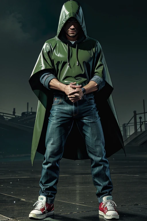 Man in Hooded poncho Raincoat Color: Green and darkened face cap and jeans and converse sneakers Heroic Presence Serious and strong pose Rolled-up sleeves