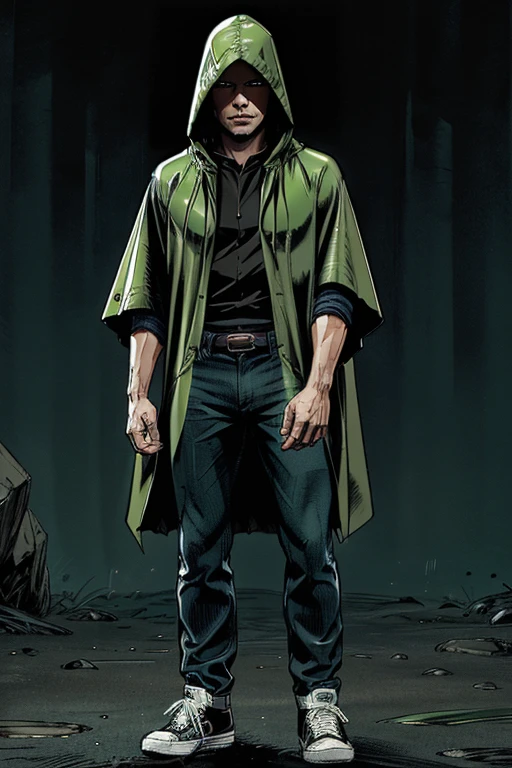Man in Hooded poncho Raincoat Color: Green and darkened face cap and jeans and converse sneakers Heroic Presence Serious and strong pose Rolled-up sleeves