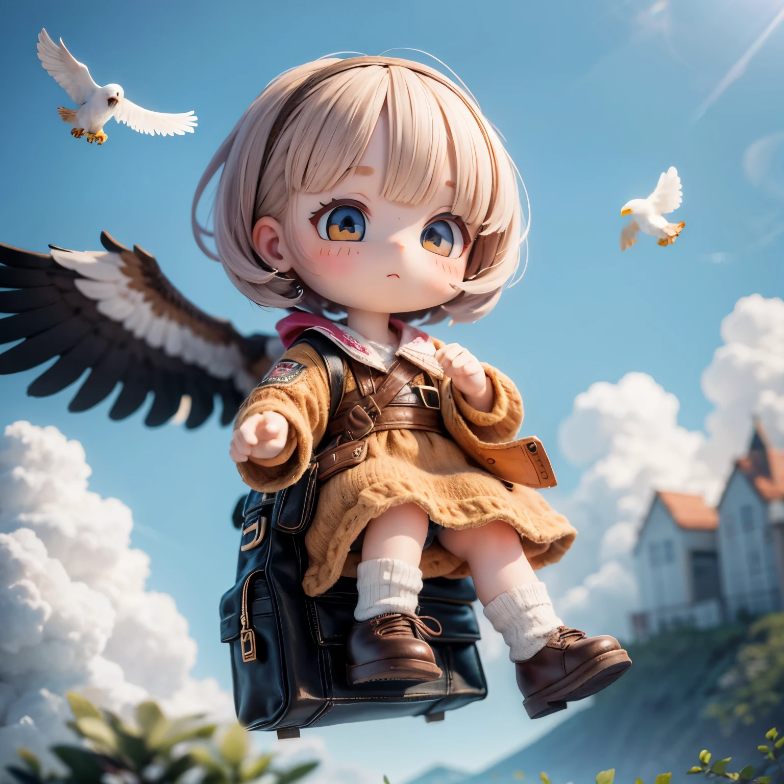 Photorealistic、Chibi Girl Doll（A  flying through the sky on the back of an eagle）