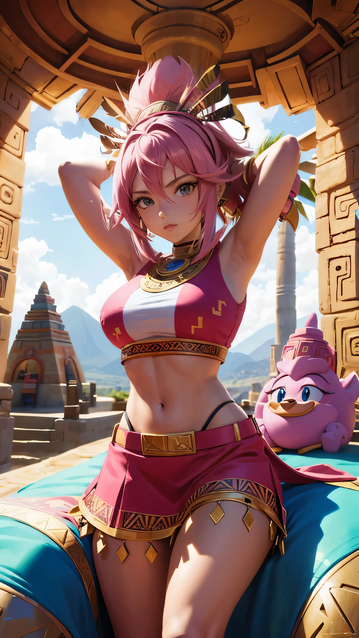 anime woman with pink hair wearing aztec Indian plume