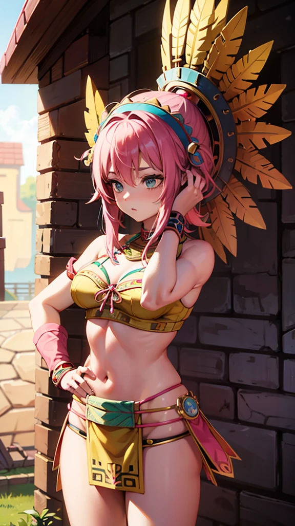 anime woman with pink hair wearing aztec Indian plume