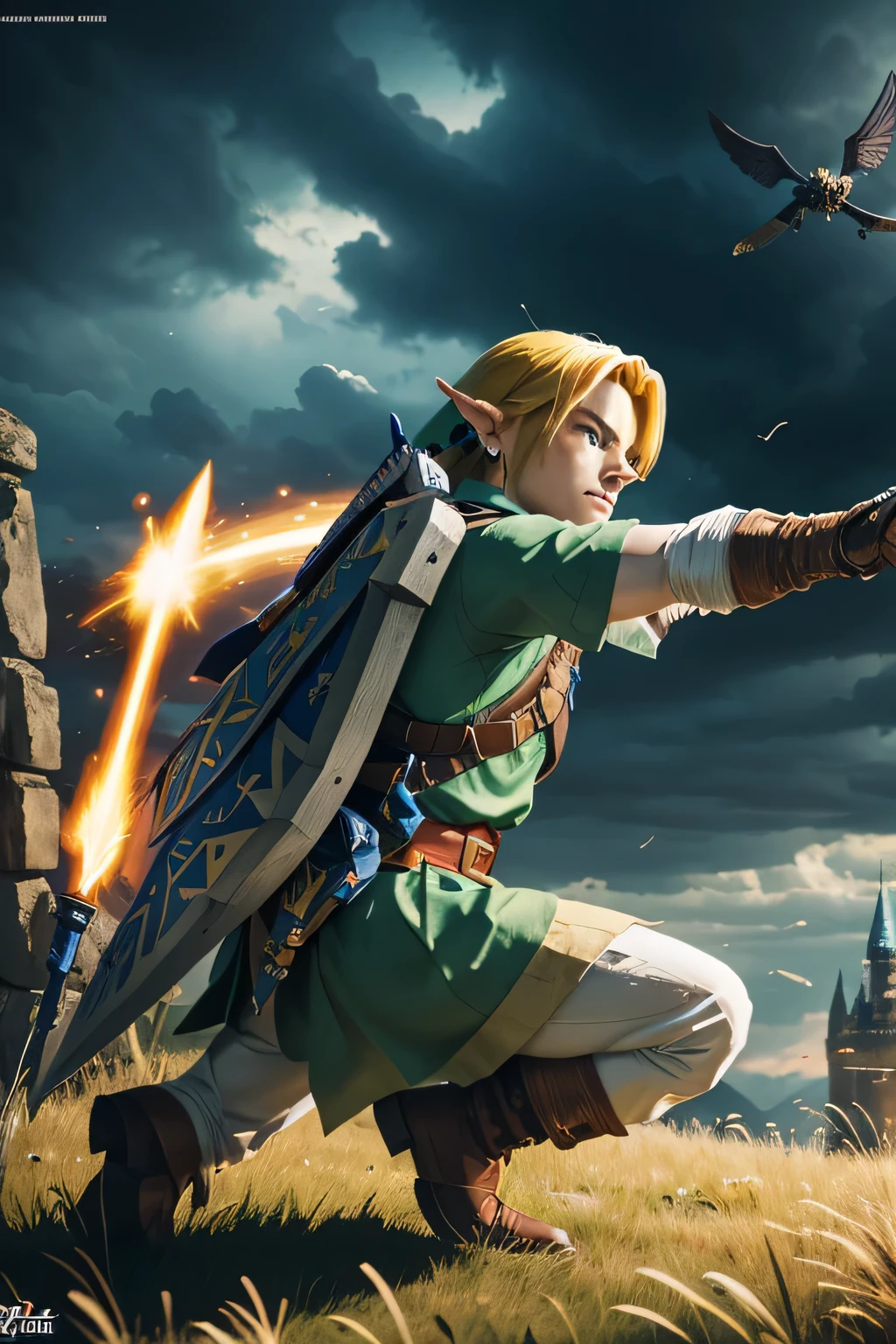 Design a 19th-century-themed version of the Zelda character Link::2 with clothing from the 19th century, 3d character, Nintendo style, master Sword --v 5. 2,an adult Link with shiny yellow hair and yellow aura around him, agressively spinning around in circle with his sword creating blasts of wind, torned clothes flying in circle, epic and dynamic composition, Ultrakill, Pragmata, castle battlefield background, field background, artstation, hdr, colorful shot, intricate details, cinematic, detailed, stormy weather, in the style of an action comic and manga colourful inking, detailed art deco ornamentation
