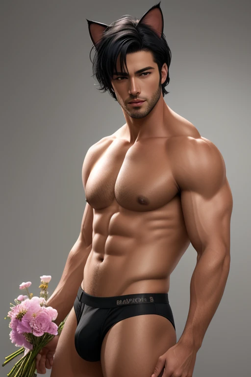 best quality,masterpiece,Ultra high detail,A handsome muscular man,Short black hair,topless,(Flowers on the shoulder),(With flowers in his black micro thong),realistic,Grey background, cats ears, white haired,
