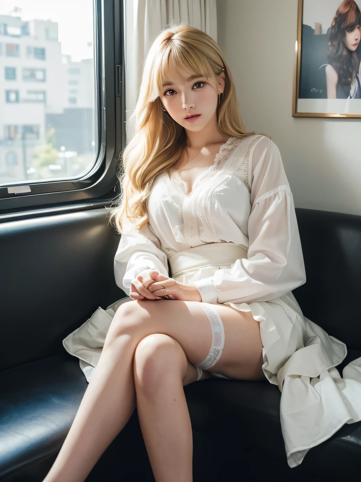 8K、Photo image masterpiece、highest quality、Super-resolution、Low angle view from the feet、Molester、Voyeur、Beautiful woman with golden, messy curly hair、((Blonde beauty))、With bangs、Impossibly cute face、And slim、Small breasts、High resolution、masterpiece、Exquisite Function 、Delicate eyes、Delicate blonde hair、8K quality、Pale light and shadow、Dindal effect、Messy, tousled blonde hair、With bangs、Random Hairstyles、((A photo from the delicate feet)、(Detailed RAW Photos of Girls)、(Tabletop:1.25)、 (Highest quality:1.6)、(超High resolution:1.5)、(Real:1.75)、8K resolution、 (RAW Photos:1.2)、(Realistic:1.4)、Beautiful detailed woman、Very narrow waist、Very detailed eyes and face、Beautiful fine details、(She is looking at the window)、Ridiculous、Large file size、Very detailed、High resolution、highest quality、masterpiece、((A light white summer blouse and a white skirt))、Very detailed、CG、Unified、8k wallpaper、wonderful、The finer detailasterpiece、highest quality、 Light on the face、sunglasses、Cinema Lighting、One 23 year old woman、((Inside a crowded train、Strong wind from the window in the car、A woman sitting directly in front of you with her legs closed、The legs are completely closed、Anxious expression、((Men on both sides、The Molester man on the right touches her thighs、The Molester man on the left is groping her breasts.))、Wearing high heels、White Stockings、garter belt、Lighting from below、The inside of the skirt is also clearly visible.、Liked images、Voyeur: T-back panties of random colors and shapes peeking out from under a skirt))、