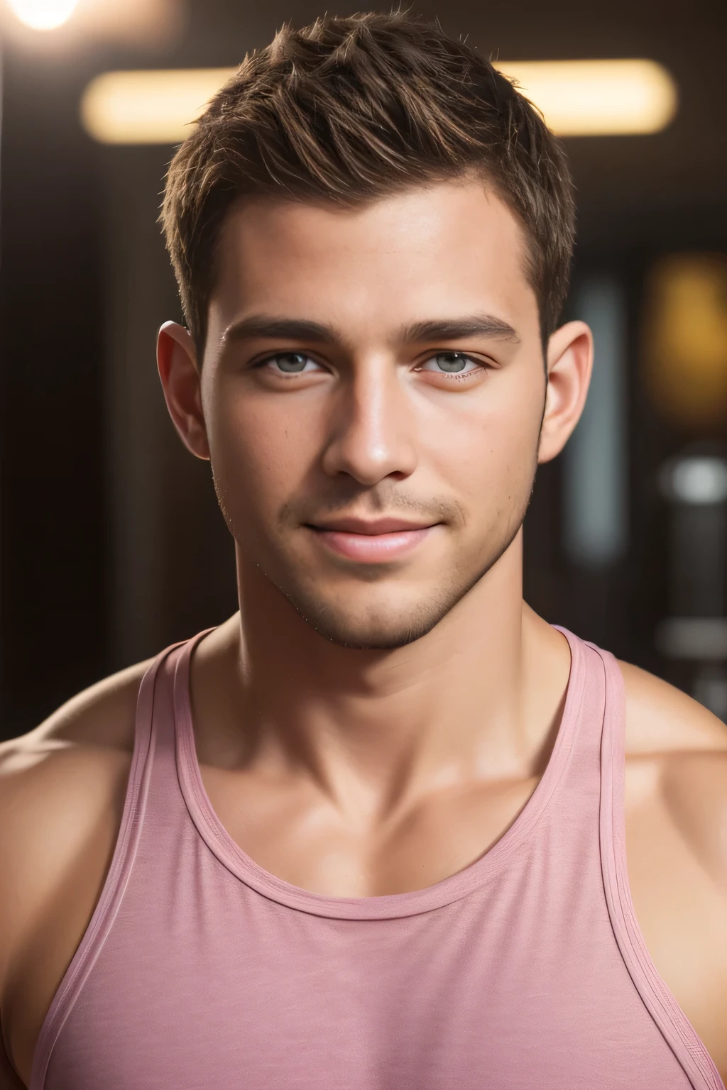 ((Men only)), (head shot), (Tanned handsome muscular man in his 20s in pink tanktop), (pink short hair), (Chris Redfield), Mischievous smile, (detaile: 1 in 1), Natural muscles, HIG quality, beautidful eyes, (Detailed face and eyes), (Face、: 1 / 2), Noise, Real Photographics、... ............................................................................PSD, Sharp Focus, High resolution 8K, realisitic & Professional Photography, 8K UHD, Soft lighting, High quality, Film grain, FujifilmXT3