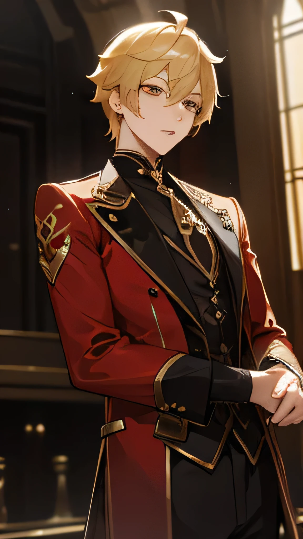 Aether from Genshin Impact. 1male. Blonde Hair. Short Hair. Golden eyes. Red suit with black details. Luxurious Hall.
