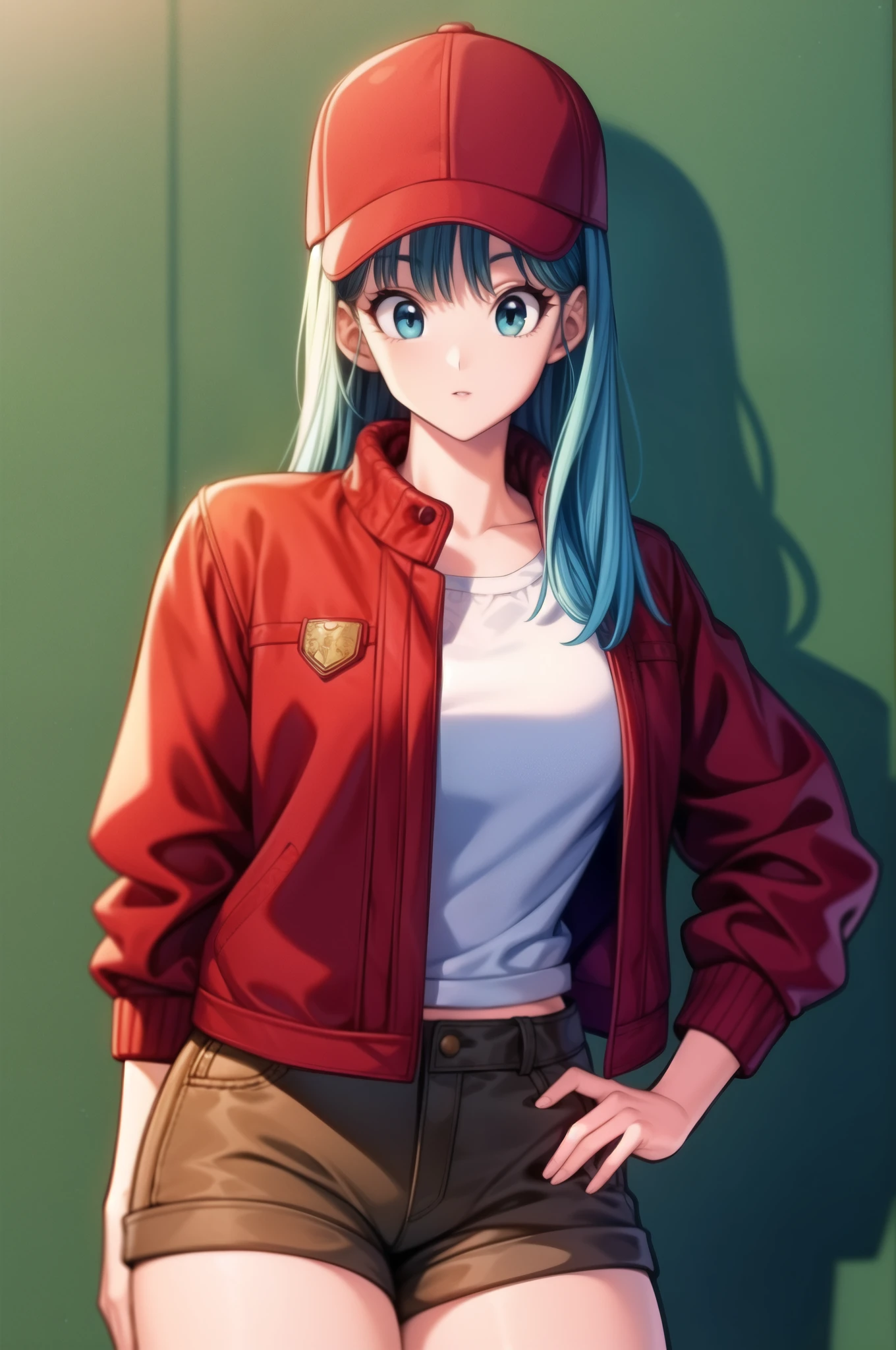 dragon ball, blmlong, bulma, aqua hair, long hair, shorts, brown shorts:1, baseball cap, red cap, red headwear, red jacket, leather jacket, white shirt:1.2, cowboy shot, perfect eyes:1.2, detailed eyes:1.6, Ultra-realistic 8K CG, masterpiece, ((ultra-detailed background, delicate pattern, intricate details)), best quality, intricate details, 1girl, solo, (masterpiece:1.6, best quality)