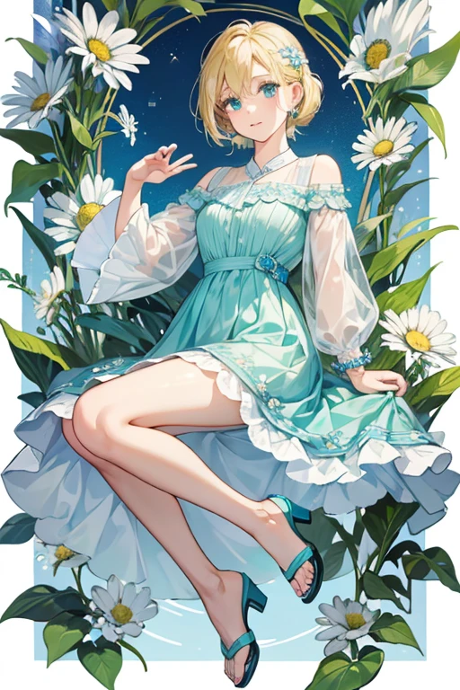 Mizuki has short, tousled blond hair clipped back with an aqua hairclip and beautiful aqua eyes.
Casually, she is seen wearing a loosely buttoned white dress shirt with a design of a blue vine/plant on it, with also blue pants, and blue sandals with daisies on the sides. She also has a matching bracelet that has a blue band and a white daisy that is worn on her left arm. When in her Lady form, she keeps her same hairstyle and wears a formal blue colored dress. SPARKLE; GLITTER