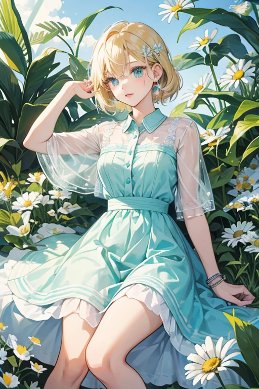 Mizuki has short, tousled blond hair clipped back with an aqua hairclip and beautiful aqua eyes.
Casually, she is seen wearing a loosely buttoned white dress shirt with a design of a blue vine/plant on it, with also blue pants, and blue sandals with daisies on the sides. She also has a matching bracelet that has a blue band and a white daisy that is worn on her left arm. When in her Lady form, she keeps her same hairstyle and wears a formal blue colored dress. SPARKLE; GLITTER