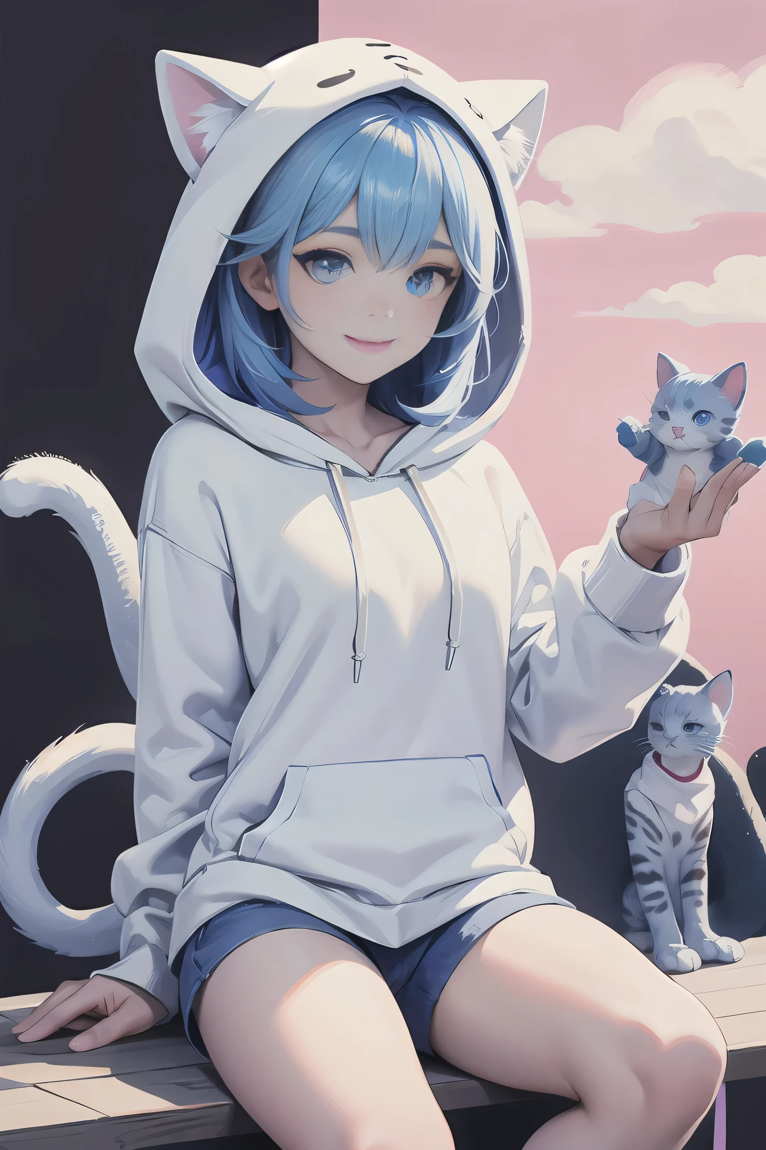 (masterpiece, best quality, highres:1.3), ultra resolution image, (1girl), (solo), kawaii, accessories, gleaming blue hair, (white kitty hoodie:1.5), cat themed, ears on hood, unique, (cute background:1.5), pastel shades, fluffy clouds, (relaxed atmosphere:1.3), soft, minimalistic style, (focus on character:1.4), adorable, dreamy, cat tower, magical, colorful, smile, happy