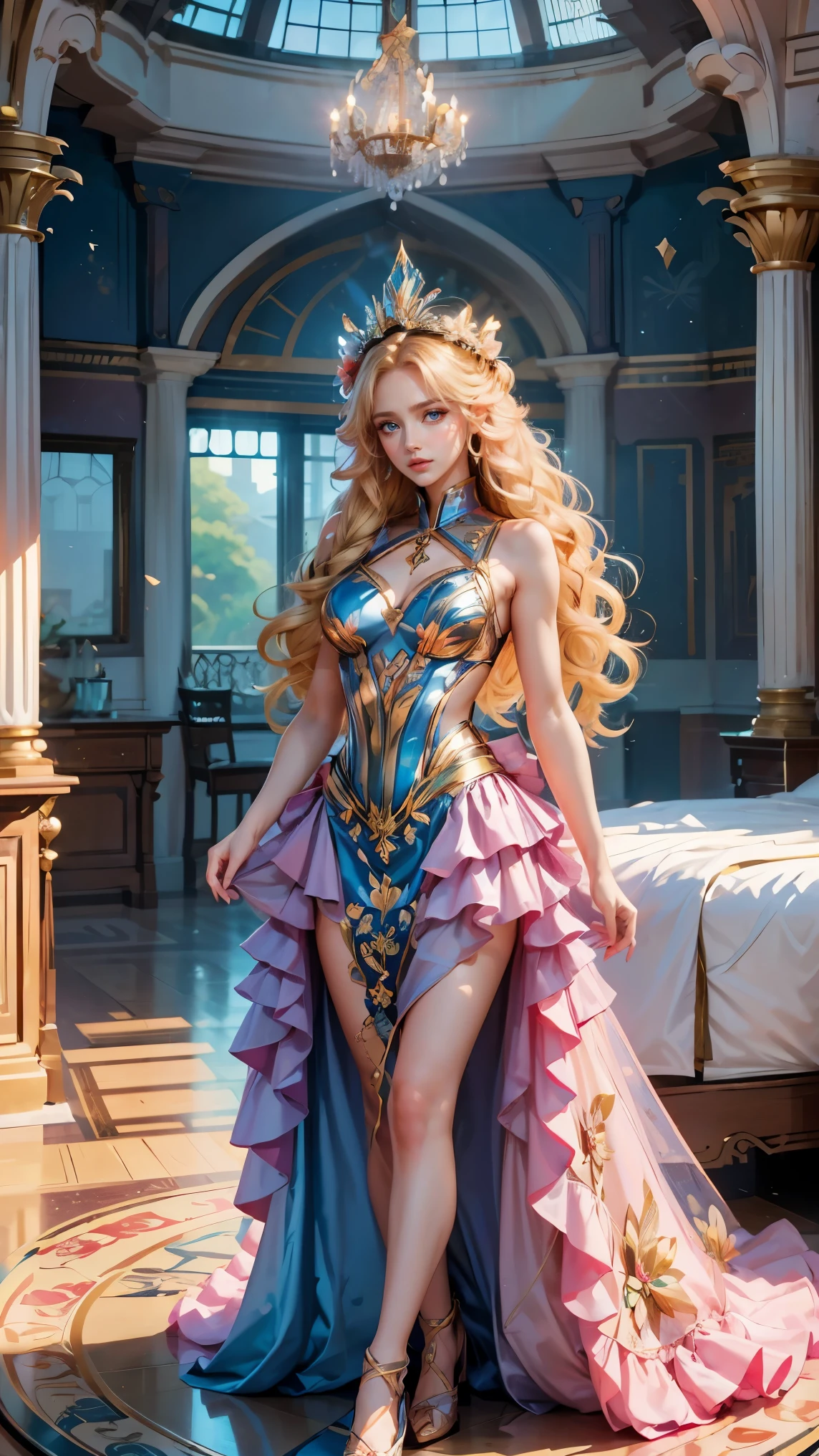 Best quality, masterpiece, ultra high res, raw photo, beautiful and aesthetic, deep shadow, fairy theme,(ultra detailed:1.3),
1girl, sexy pose, flower headdress, drill hair, long hair, blonde hair, gradient hair, yellow eyes, solo, huge breasts, big hair, blue hair, divine goddess, looking at viewer, indoors, queen bedroom, empress bed, room full of curtain, astraea, full body, pink uniform, tennis dress,