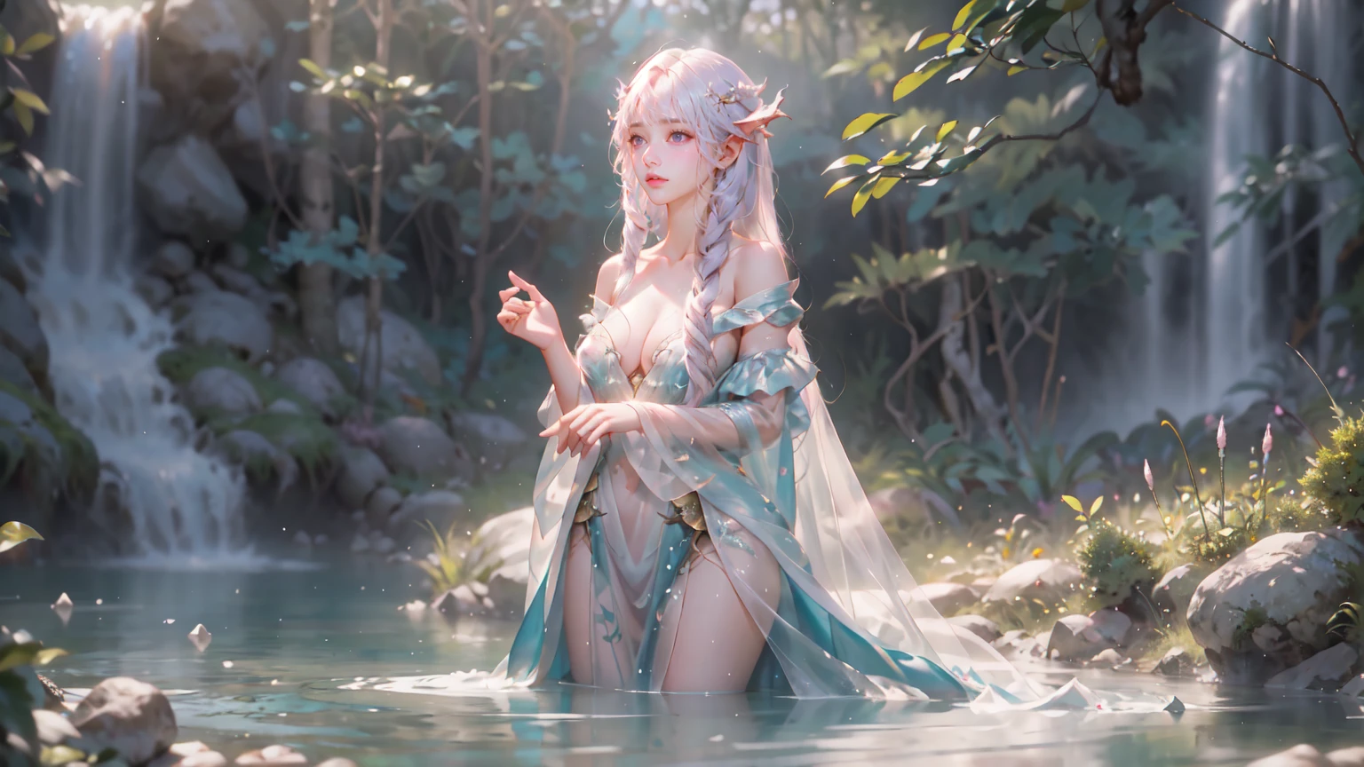 （Injured dragon girl in the forest：2.0），（Wet semi-transparent dress：1.9），Ethereal Background, Mysterious atmosphere, rich and colorful, Complex Mode, atmosphere, 超high resolution, (Realistically:1.4), RAW photos,16K,drama灯光,，hyper-realistic illustration, high resolution, Super detailed, absurd,(Fractal Art:1.3)、Long straight hair、Princess hairstyle，Random hair color、full-body shot、high quality、Precise focus、4D Cinema、drama，watercourse，shrub，Outdoors in the wild，rock，(Off-shoulder: 1.2),Pretty Face, beautiful eyes,cute girl，Beautiful back，