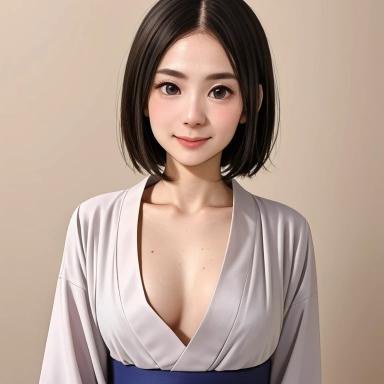 (kawaii 24 year-old Japanese girl, Nogizaka idol, Korean idol), glossy brown hair, (very short hair:1.2), beautiful black eyes, rounded face, narrow shoulders, single eyelid, (no makeup:1.2), grin, (yukata, Japanese traditional clothes), extra small breasts, BREAK, (simple white background:1.2), (view from forward, bust shot, id photo:1.2), BREAK, (masterpiece, best quality, photo realistic, official art:1.4), (UHD, 8K quality wallpaper, high resolution, raw photo, golden ratio:1.3), (shiny skin), professional lighting, physically based rendering, award winning, (highly detailed skin texture, extremely detailed face and eyes textures), Carl Zeiss 85 mm F/1.4, depth of field, (1girl, solo),