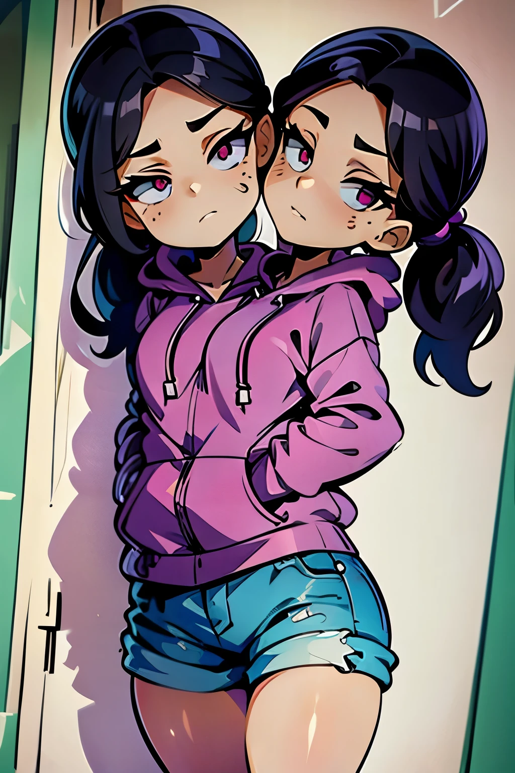 conjoined, 2heads, girl with two heads instead of one, 2head, cuerpo curvilineo, brazos curvilineos, usando shorts, ropa abrigada, piernas curvilineas, anime cartoon, using a purple hoodie, each head has a ponytail, anatomia proporcionada ideal para una persona de dos cabezas
