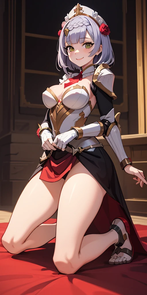 Noelle warrior gladiator, masterpiece, best quality, kneeling full body, 2 long legs, smile red cheeks, view from below