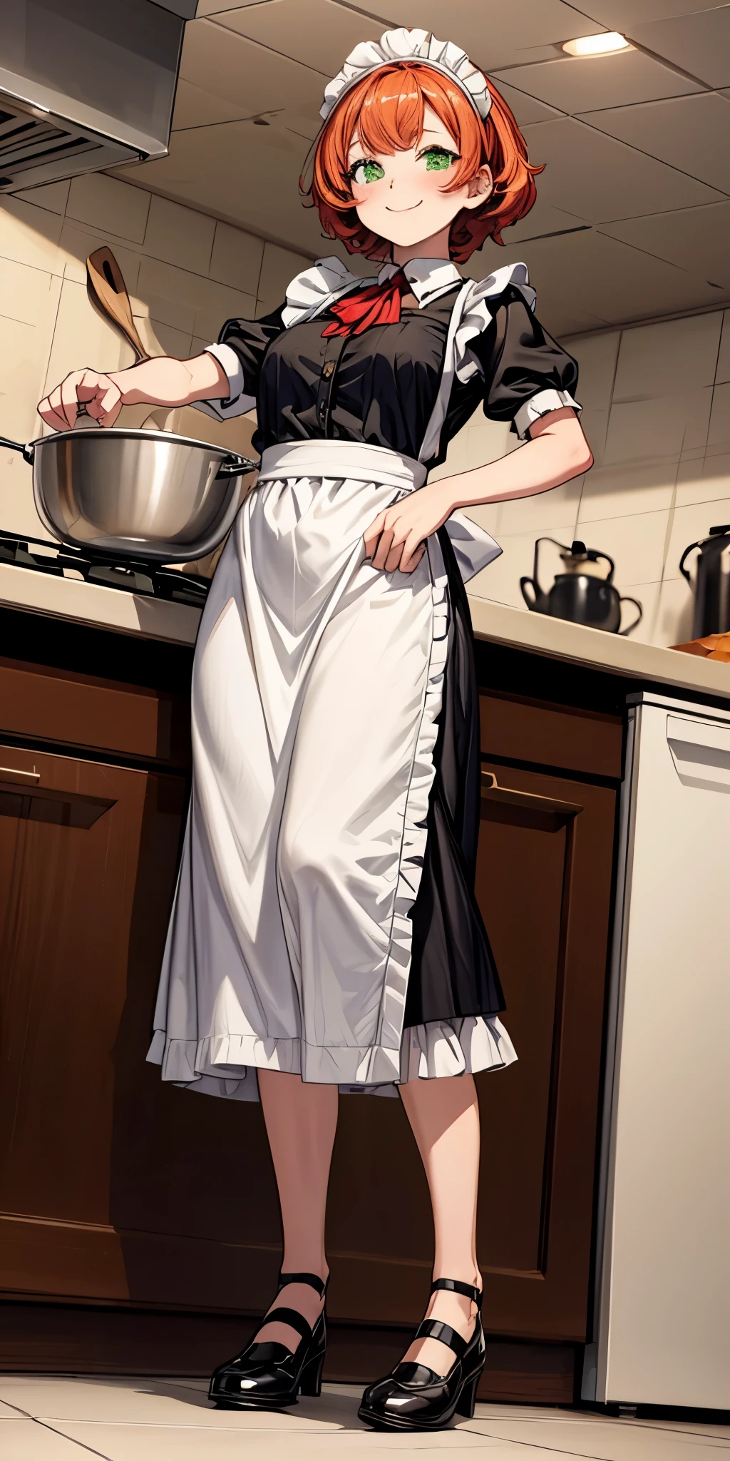 masterpiece, best quality, syrene, green eyes, headband, maid, kitchen, full body from below, cooking, smile red cheeks