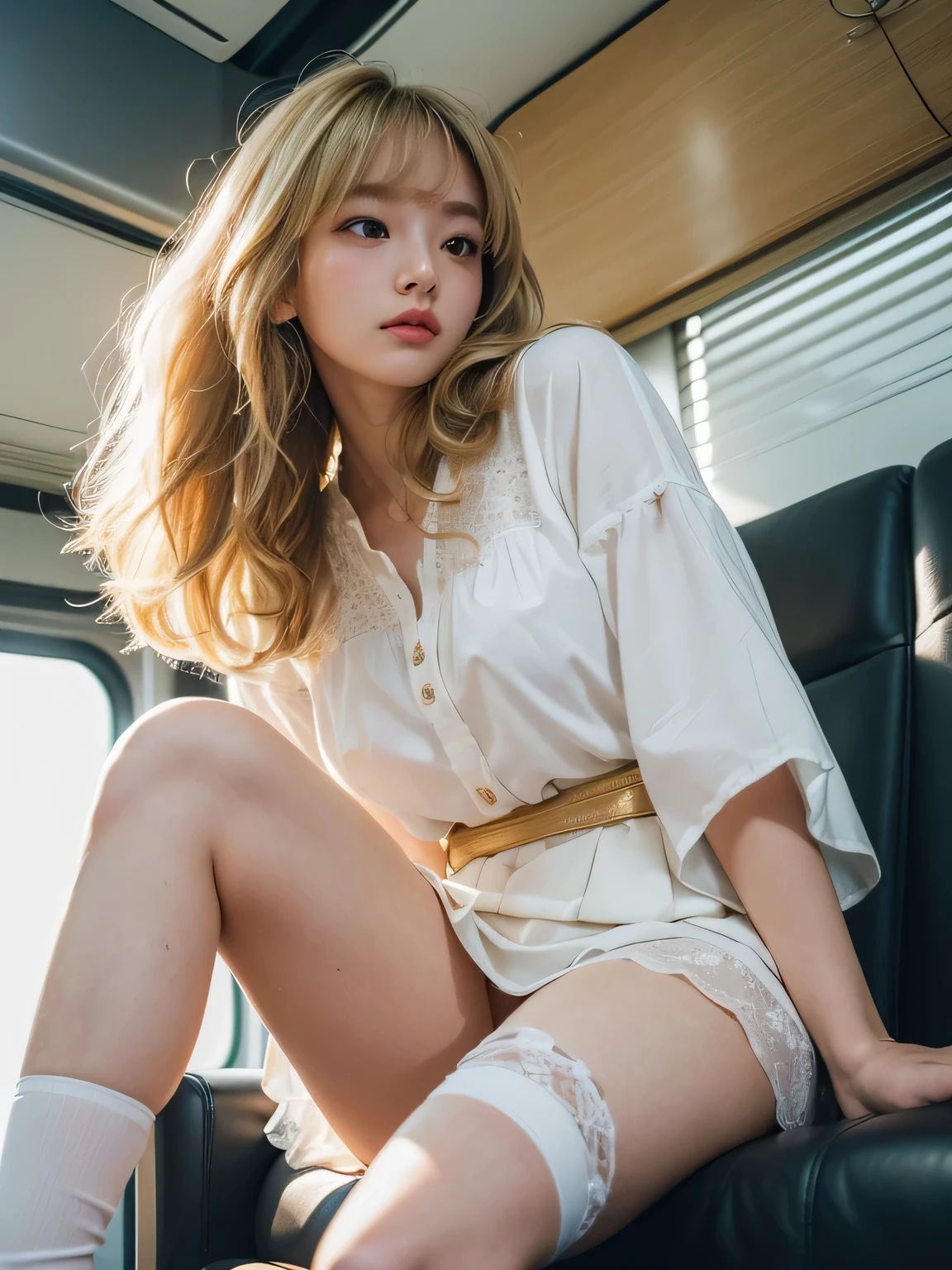 8K、Photo image masterpiece、highest quality、Super-resolution、Low angle view from the feet、Molester、Voyeur、Beautiful woman with golden, messy curly hair、((Blonde beauty))、With bangs、Impossibly cute face、And slim、Small breasts、High resolution、masterpiece、Exquisite Function 、Delicate eyes、Delicate blonde hair、8K quality、Pale light and shadow、Dindal effect、Messy, tousled blonde hair、With bangs、Random Hairstyles、((A photo from the delicate feet)、(Detailed RAW Photos of Girls)、(Tabletop:1.25)、 (Highest quality:1.6)、(超High resolution:1.5)、(Real:1.75)、8K resolution、 (RAW Photos:1.2)、(Realistic:1.4)、Beautiful detailed woman、Very narrow waist、Very detailed eyes and face、Beautiful fine details、(She is looking at the window)、Ridiculous、Large file size、Very detailed、High resolution、highest quality、masterpiece、((A light white summer blouse and a white skirt))、Very detailed、CG、Unified、8k wallpaper、wonderful、The finer detailasterpiece、highest quality、 Light on the face、sunglasses、Cinema Lighting、One 23 year old woman、((Inside a crowded train、Strong wind from the window in the car、A woman sitting directly in front of you with her legs closed、The legs are completely closed、Anxious expression、((Men on both sides、The Molester man on the right touches her thighs、The Molester man on the left is groping her breasts.))、Wearing high heels、White Stockings、garter belt、Lighting from below、The inside of the skirt is also clearly visible.、Liked images、Voyeur: T-back panties of random colors and shapes peeking out from under a skirt))、