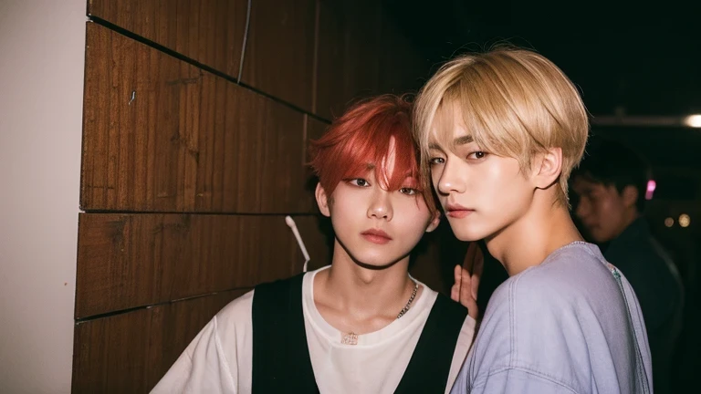 (Highly realistic photos, concentrate、High resolution, Detailed face, Detailed Hair,fine grain), ((Shooting in front of a wall))、Japanese men, 20-year-old, (Two boys),There are two people in the photo、Natural look、 Upper body portrait,　　　　　　　　　　　　　　　　　　　　　　　　　　　　　　　　　good looking,View Viewer,manly,short hair,赤く染めた髪とBlonde,masterpiece,Creating a soft face,Kim Tae-hyung,((Kim Taehyung))\(BTS\),Stage makeup,Fair skin,Broad shoulders:1.5,(Red Hair, :1.2),(Blonde, :1.2)(Reckless), shy,This intense neon lighting casts dynamic, colorful shadows on his face, emphasizing the lively energy of Tokyo's night life --ar 3:4 --style raw --stylize 250、erase