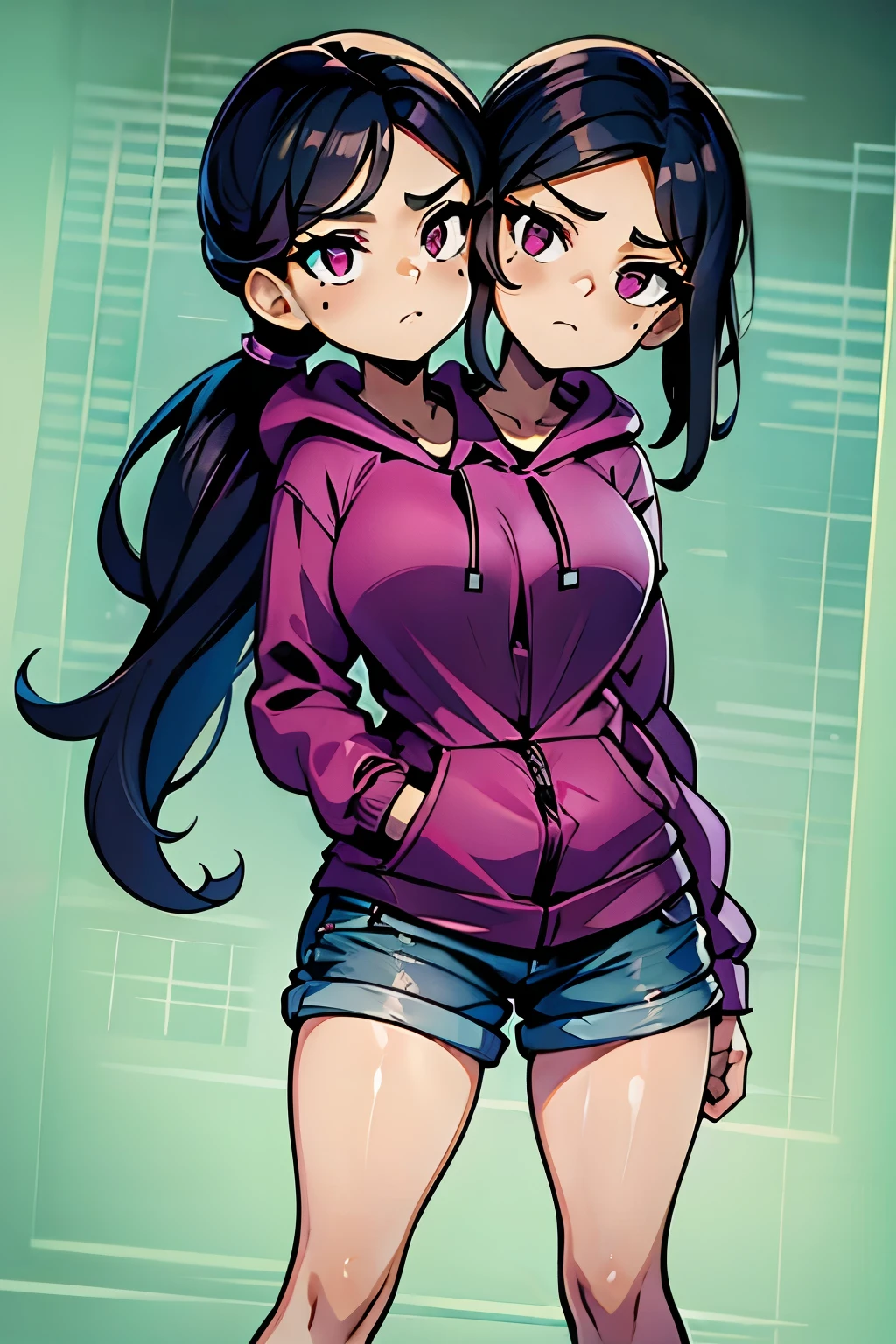 conjoined, 2heads, girl with two heads instead of one, 2head, cuerpo curvilineo, brazos curvilineos, usando shorts, ropa abrigada, piernas curvilineas, anime cartoon, using a purple hoodie, each head has a ponytail, anatomia proporcionada ideal para una persona de dos cabezas
