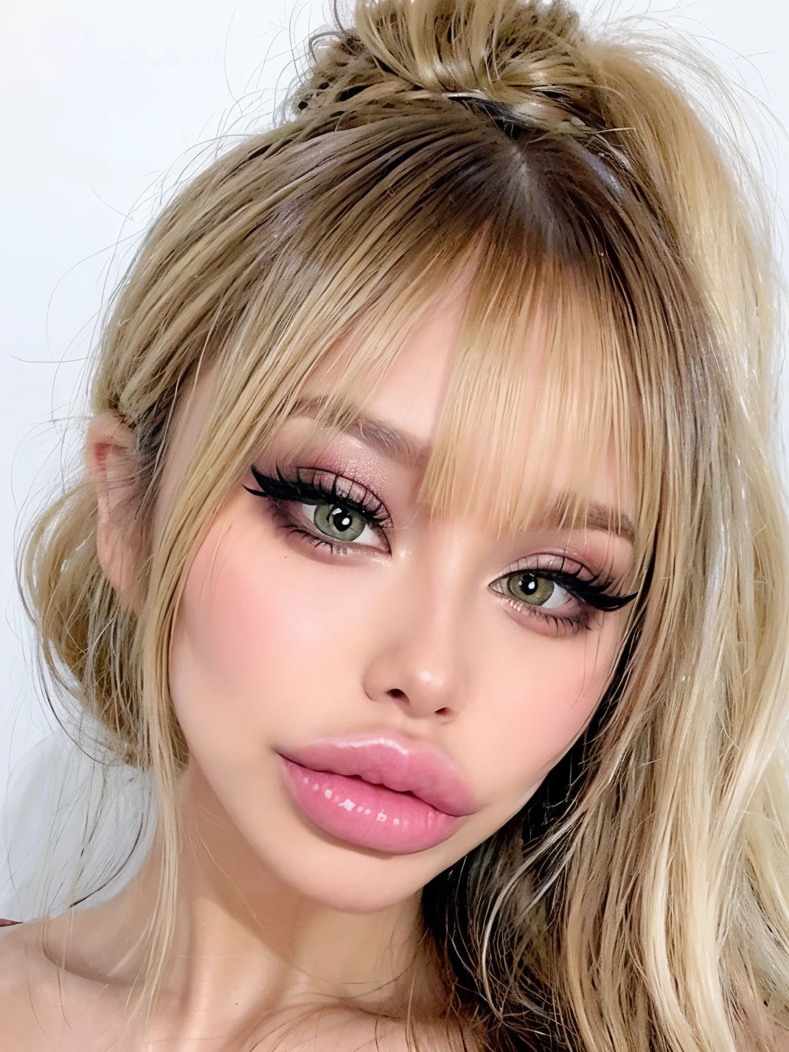 1girl, plain background, beautiful face, blonde hair, cute, bimbolips, huge lips dimples, cheekbones, selfie, bangs, high ponytail, blonde, eyeliner, eye shadow