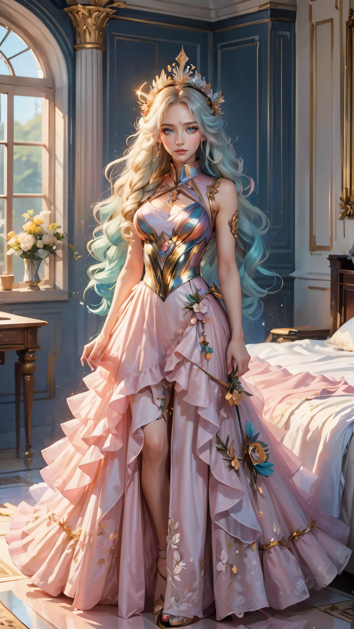 Best quality, masterpiece, ultra high res, raw photo, beautiful and aesthetic, deep shadow, fairy theme,(ultra detailed:1.3),
1girl, standing pose, flower headdress, drill hair, long hair, blonde hair, gradient hair, yellow eyes, solo, huge breasts, big hair, blue hair, divine goddess, looking at viewer, indoors, queen bedroom, empress bed, room full of curtain, astraea, full body, pink uniform, tennis dress,