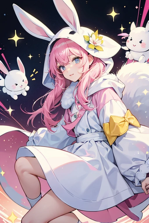 She is a white bunny that wears a dark pink hood that covers her ears. The left one is usually in a down position and the right one has a white or flower with a yellow center. She has white fur and a yellow nose. SPARKLE; GLITTER