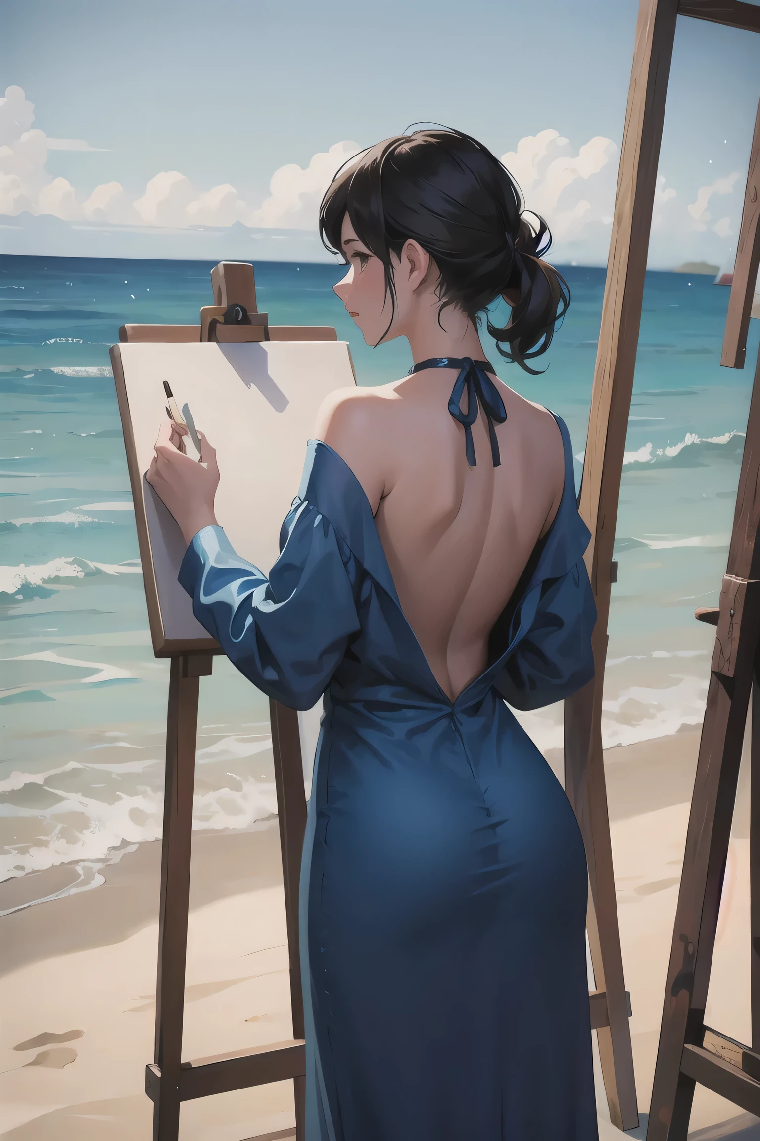 back shot girl in loose gown painting the beach (beach behind easel)