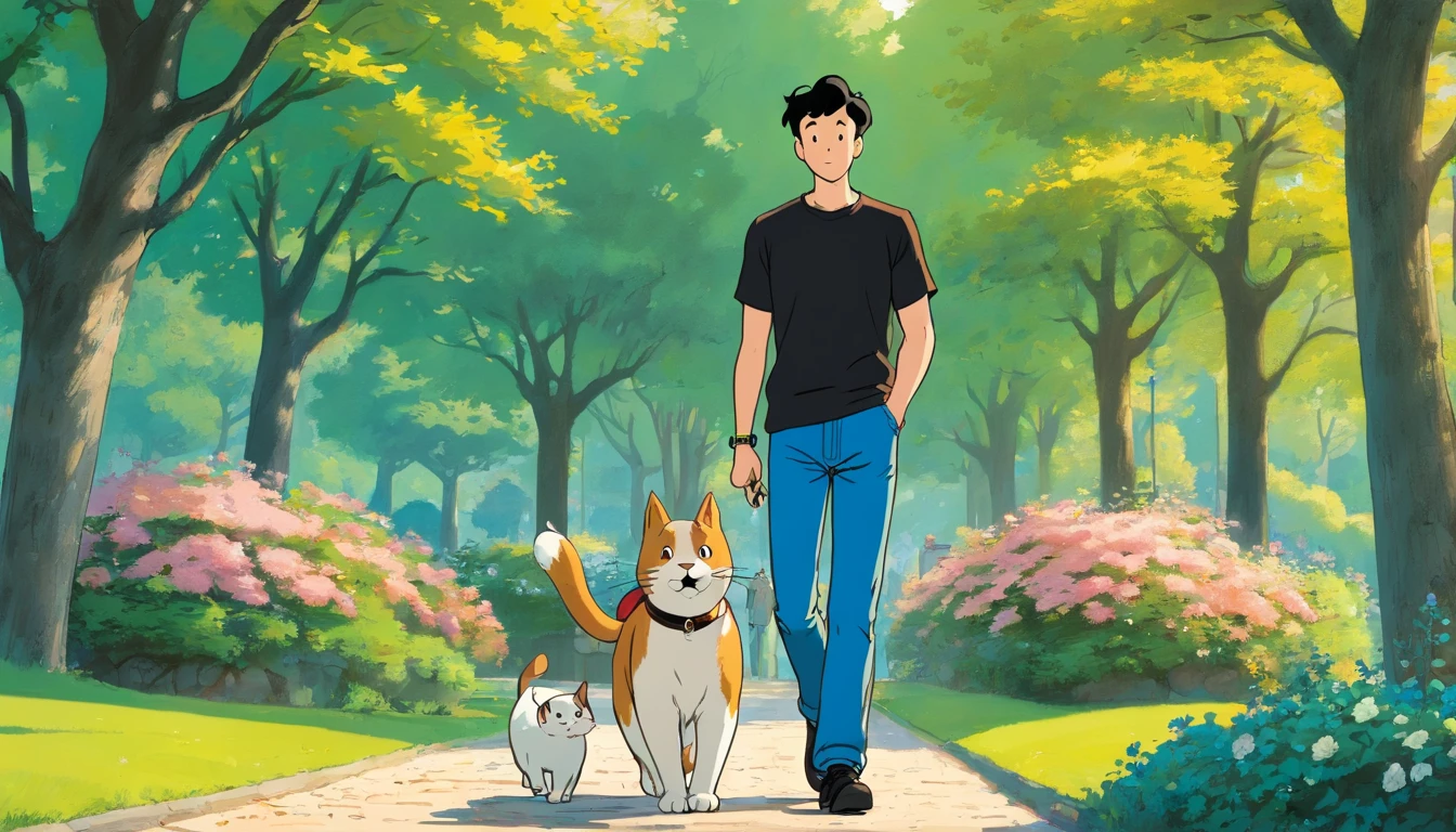 Tintin, male wearing black T-shirt and blue denim jeans walking on a park, slick and neat short black hair, herge, european comics, with blue eyes white cat