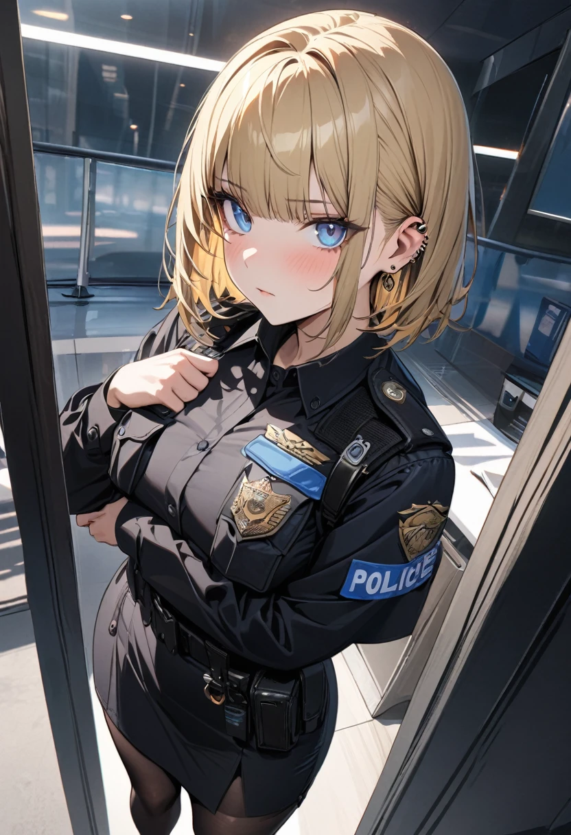 expressionless, master piece, best quality, ultra detailed, handsome, 1 woman, short hair, hime cut, blonde hair, cute eyes, blue eyes, black tights, police, piercing in one ear