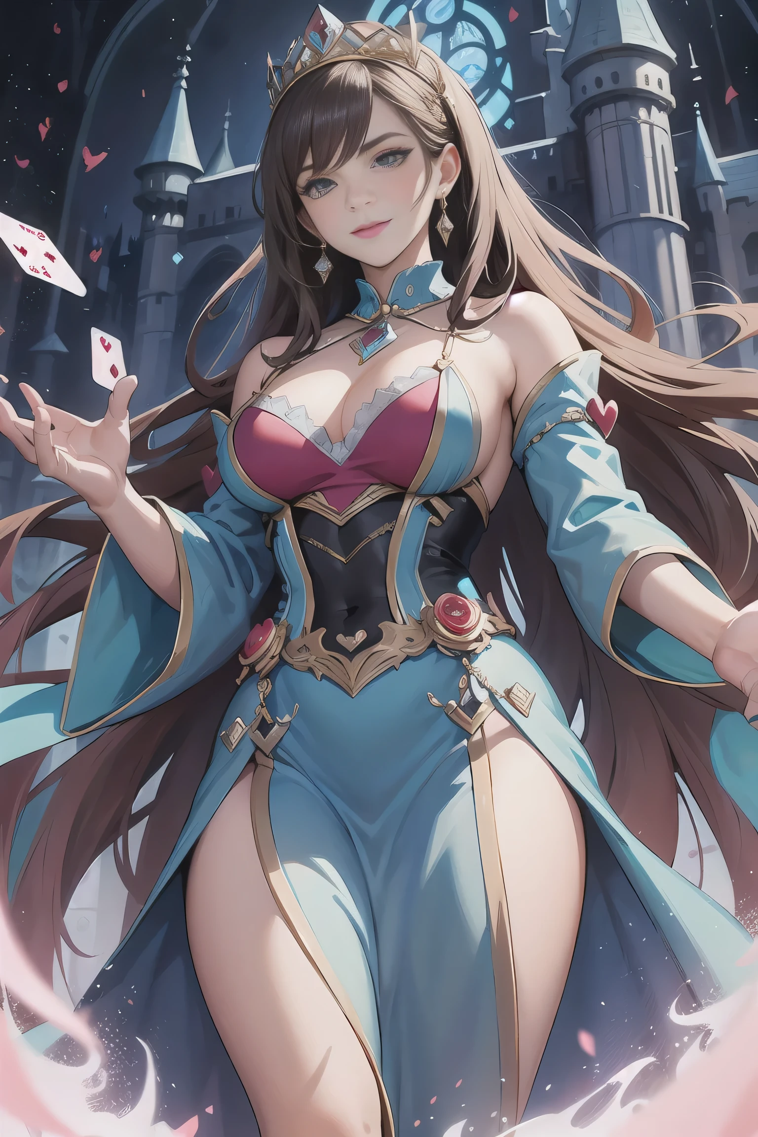 A (((woman))) elegantly stepping out from a (((magical realm))) evoking the essence of the ((Queen of Hearts card)), with opulent details and whimsical patterns that welcome her entrance