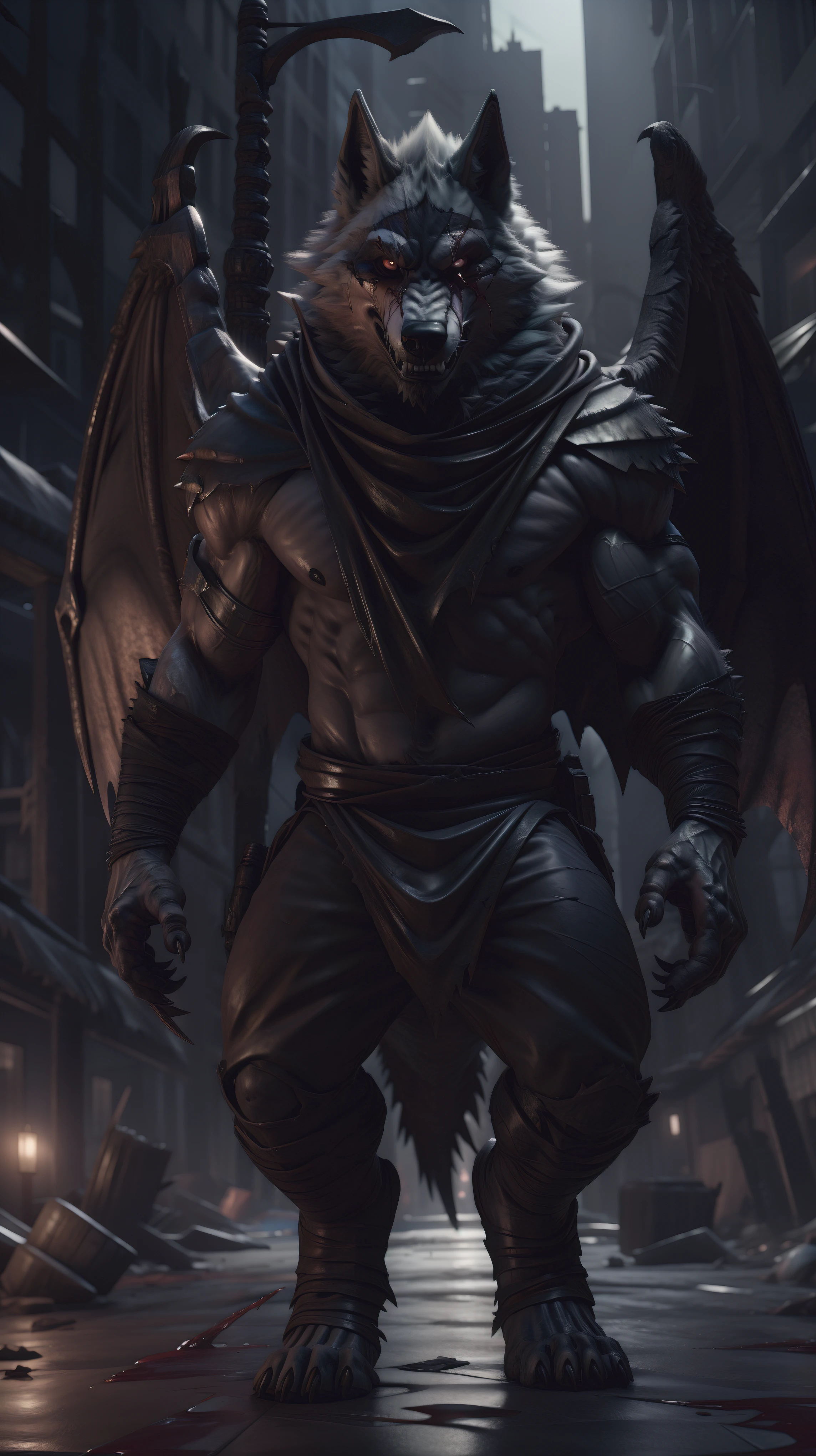 werewolf warrior,lord death wolf,digital golden armor,alone in a totally destroyed city,pair of black wings open,blood on the face,serious expression,looking into the soul of the viewer,dark fantasy,cinematic lighting,dramatic shadows,hyper detailed,4k,8k,photorealistic,masterpiece