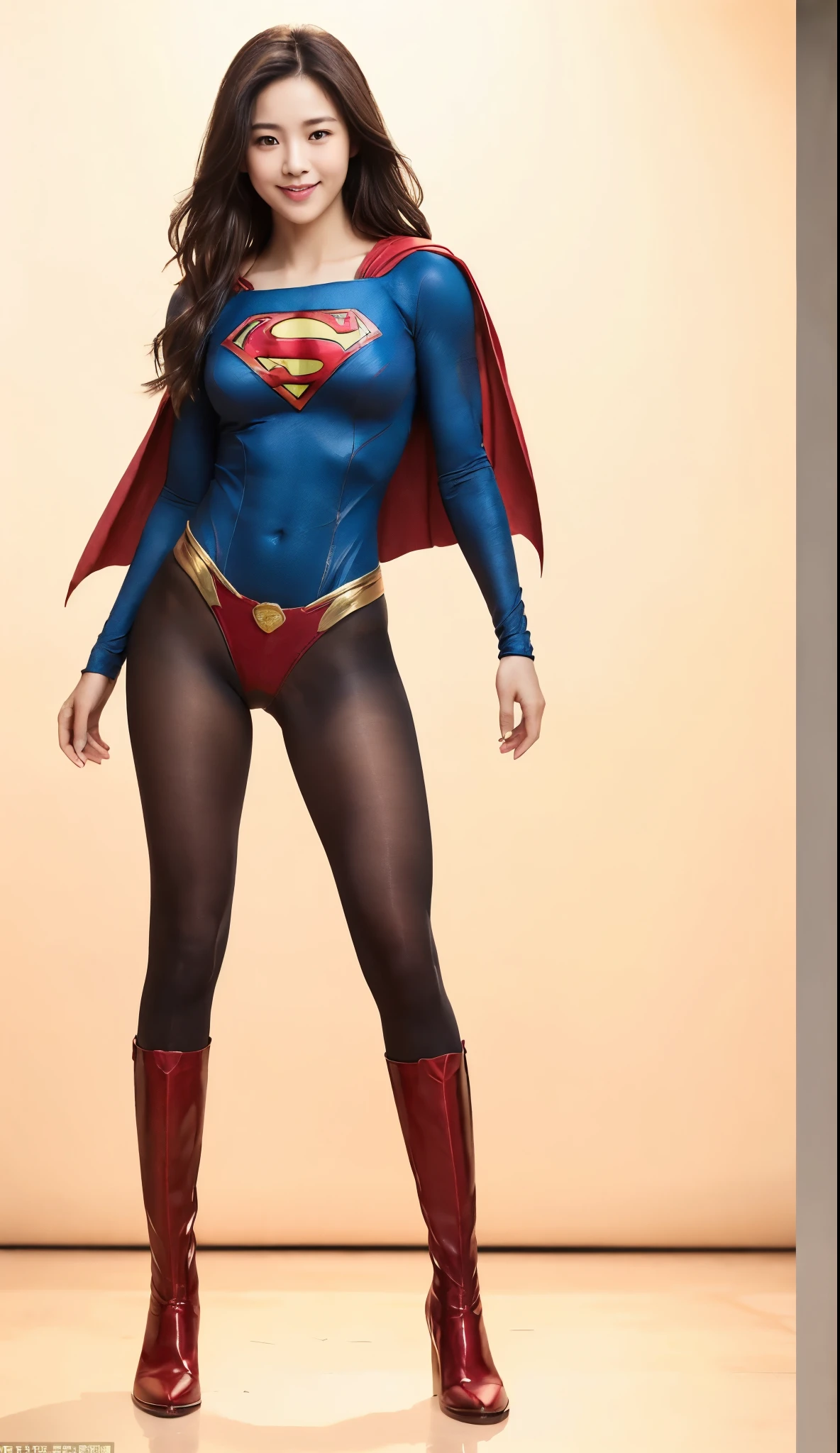 No background、(((Beautiful legs in black tights.)))、(((Legally express the beauty of your smile)))、((((Make the most of your original images)))、(((Supergirl Costume)))、(((Beautiful Hair)))、(((Smiles and winks)))、(((Please wear black tights....、Wear red boots)))、((Best image quality、8k))、((highest quality、8k、masterpiece:1.3))、(((Preserve background )))、Sharp focus:1.2、Beautiful woman with perfect figure:1.4、Slim Abs:1.2、Wet body:1.5、Highly detailed face and skin texture、8k