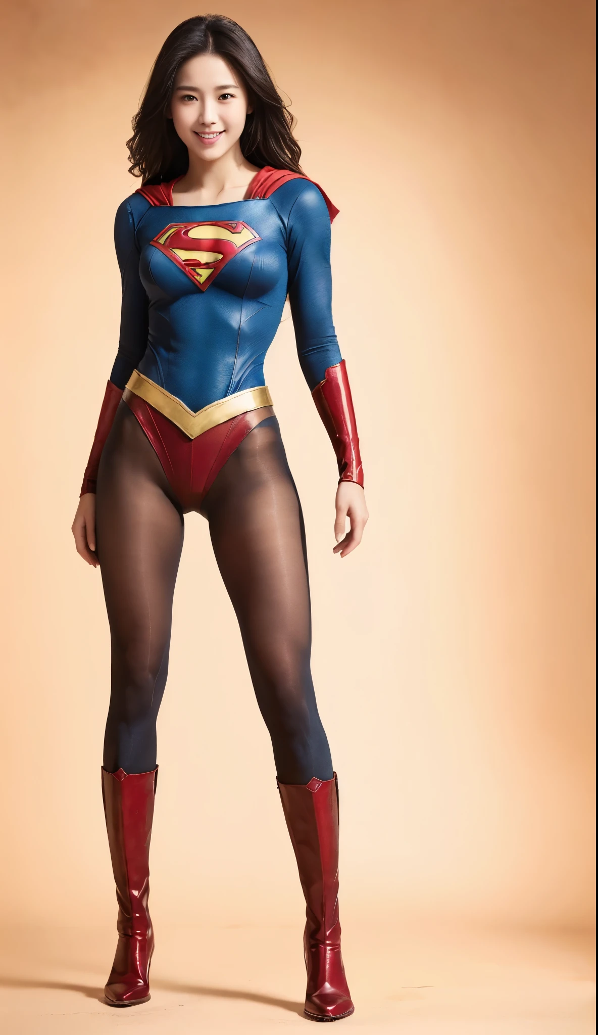 No background、(((Beautiful legs in black tights.)))、(((Legally express the beauty of your smile)))、((((Make the most of your original images)))、(((Supergirl Costume)))、(((Beautiful Hair)))、(((Smiles and winks)))、(((Please wear black tights....、Wear red boots)))、((Best image quality、8k))、((highest quality、8k、masterpiece:1.3))、(((Preserve background )))、Sharp focus:1.2、Beautiful woman with perfect figure:1.4、Slim Abs:1.2、Wet body:1.5、Highly detailed face and skin texture、8k