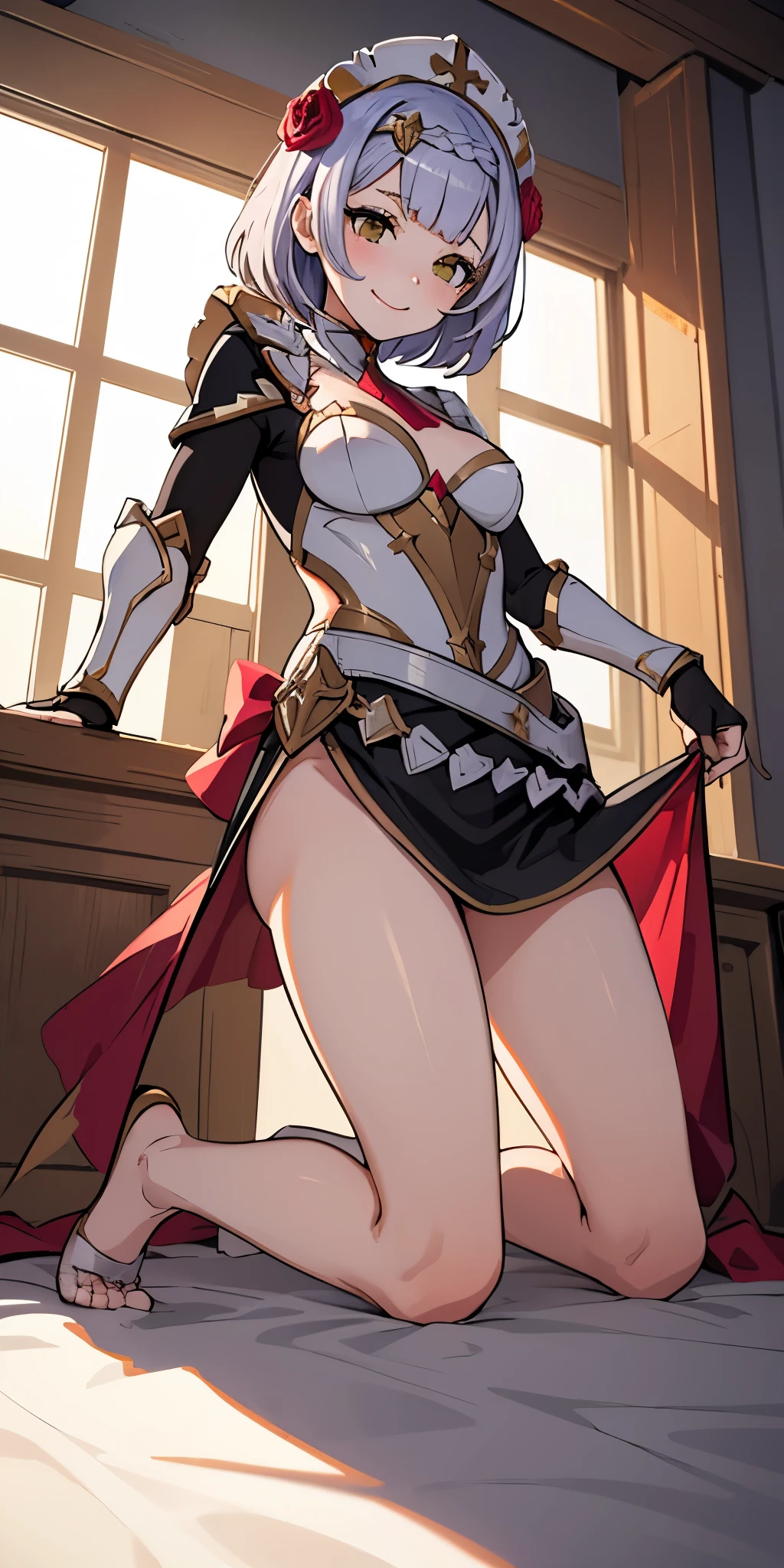 Noelle warrior gladiator, masterpiece, best quality, kneeling full body, 2 long legs, smile red cheeks, view from below