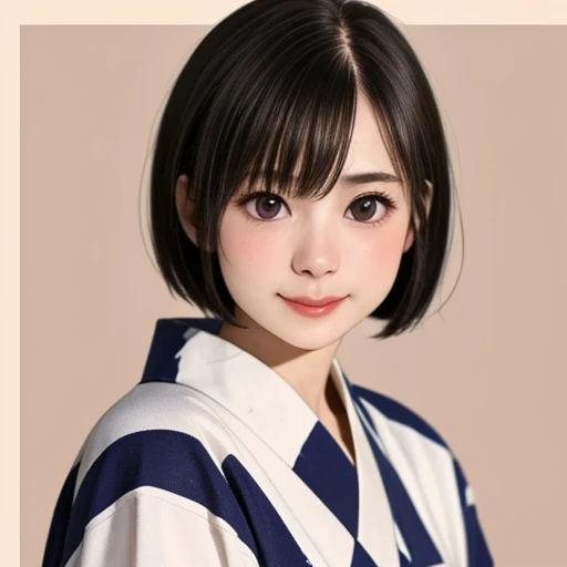(kawaii 24 year-old Japanese girl, Nogizaka idol, Korean idol), glossy brown hair, (very short hair:1.2), beautiful black eyes, rounded face, narrow shoulders, single eyelid, (no makeup:1.2), big laughing, (yukata, Japanese traditional clothes), extra small breasts, BREAK, (simple white background:1.2), (view from forward, bust shot, id photo:1.2), BREAK, (masterpiece, best quality, photo realistic, official art:1.4), (UHD, 8K quality wallpaper, high resolution, raw photo, golden ratio:1.3), (shiny skin), professional lighting, physically based rendering, award winning, (highly detailed skin texture, extremely detailed face and eyes textures), Carl Zeiss 85 mm F/1.4, depth of field, (1girl, solo),