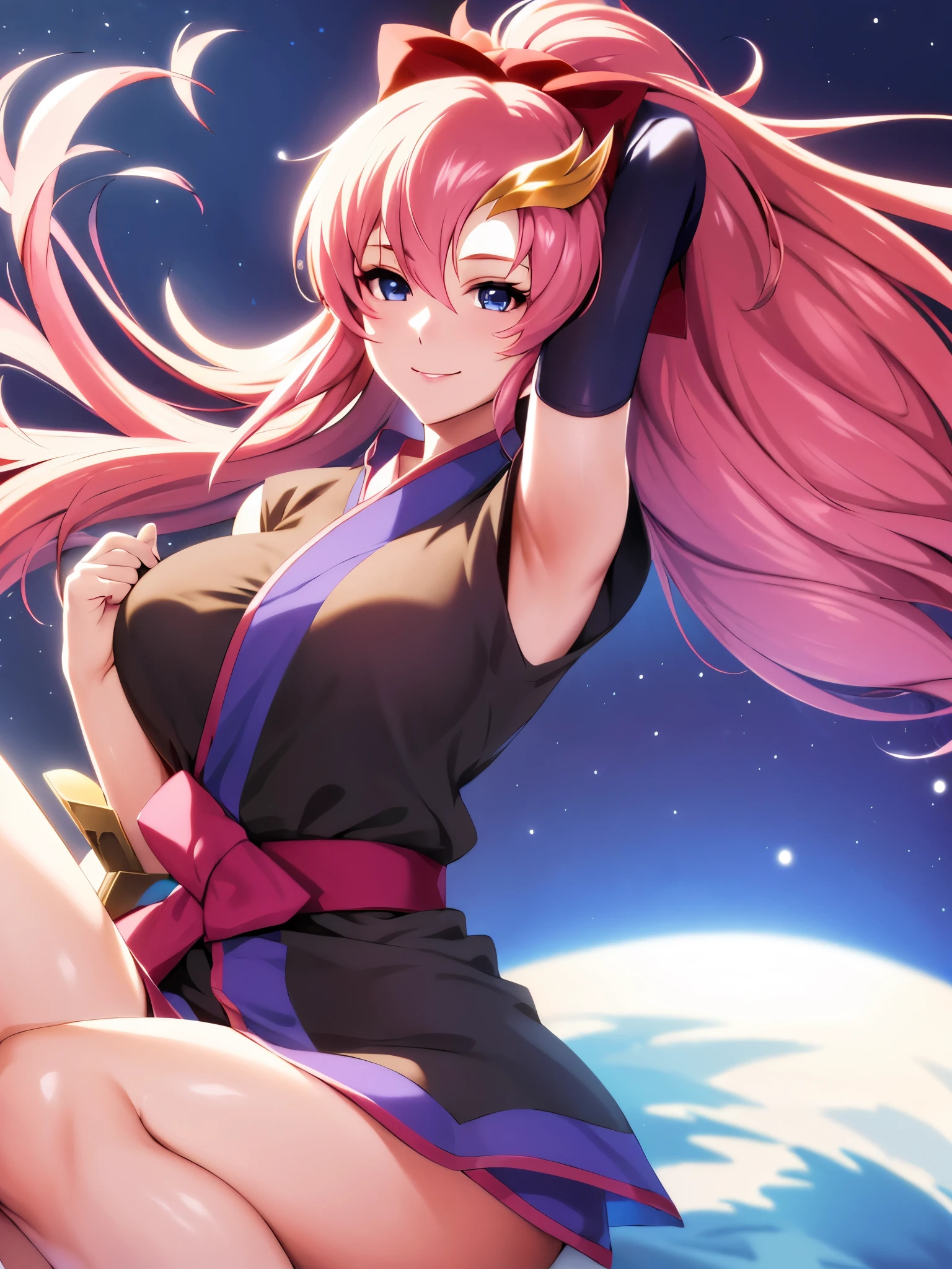 Armpit Show,masterpiece, highest quality, High resolution, Lacus 3, One girl, alone, Lacus 3, Pink Hair, Short kimono, blue eyes, hair ornaments, Very long hair, Black sleeves, No sleeve, kimono, bow, Black kimono, hair bow, ponytail, Floating Hair, Hair between the eyes, Big Breasts, Sitting, Sheet, Spaceship, smile, Underarm,