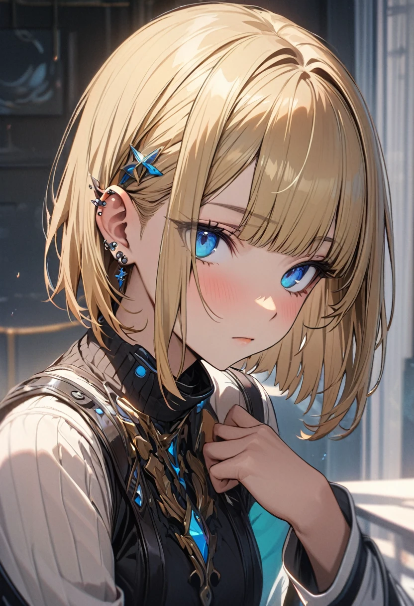 expressionless, master piece, best quality, ultra detailed, handsome, 1 woman, short hair, hime cut, blonde hair, cute eyes, blue eyes, colour tights, piercing in one ear