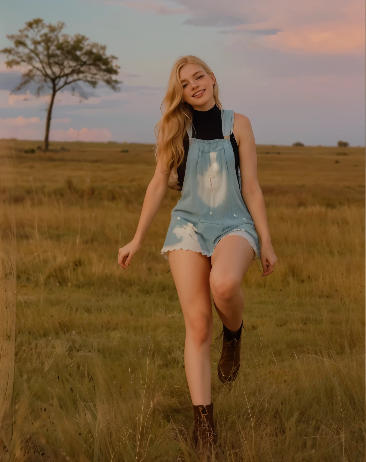 mulher, americana, 25 anos, pale skin and freckles, olhos cinzas, nariz delicado, soft and delicate lips, longo, cabelo blondie longo e ondulado na altura da cintura, sorriso meigo, face with delicate feminine facial features, altamente renderizado