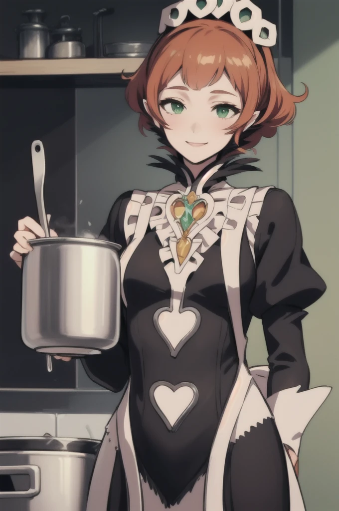 masterpiece, best quality, syrene, green eyes, headband, fates maid, kitchen, upper body, cooking, smile