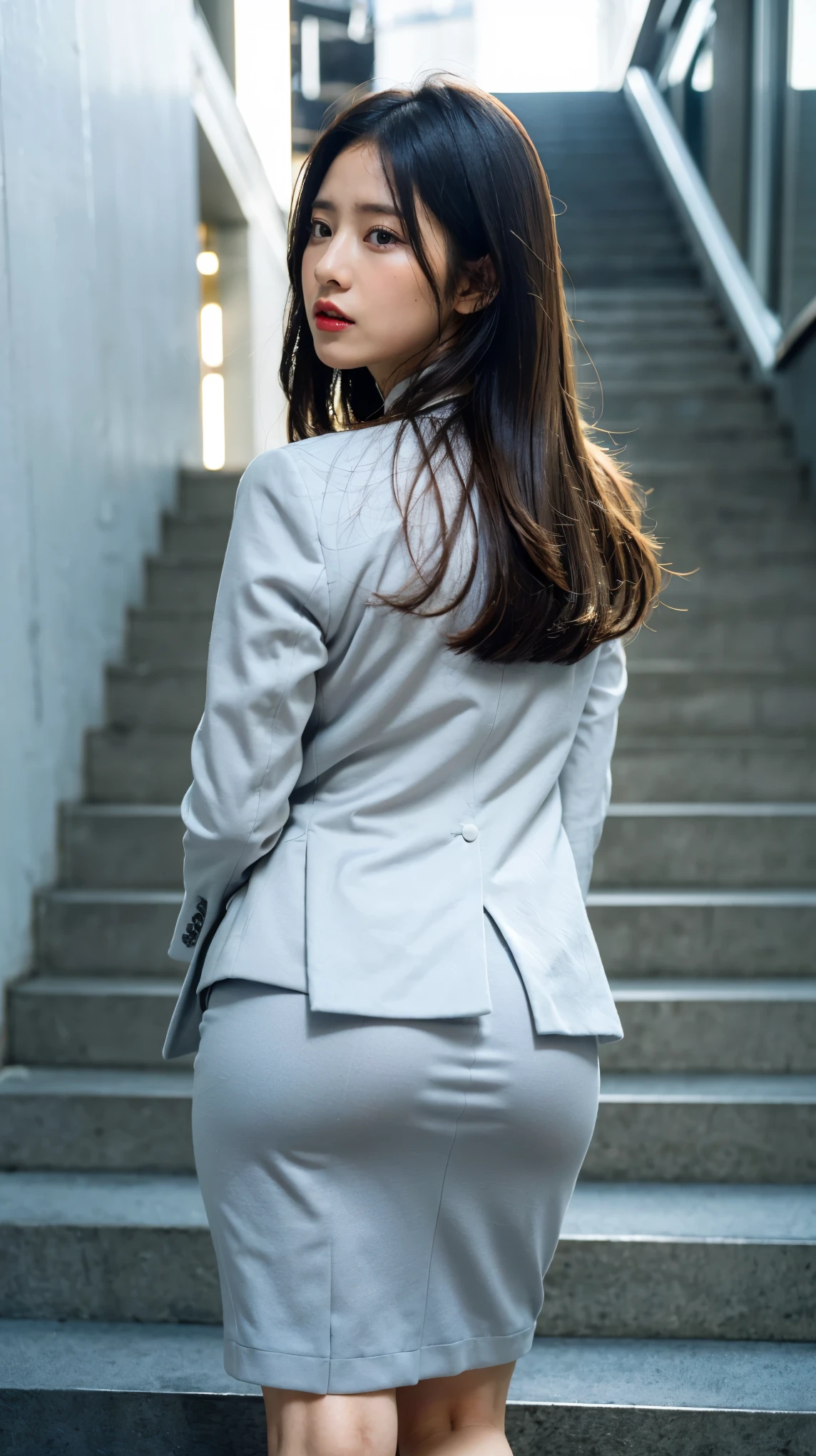 (masterpiece:1.3), (8k, Realistic, Raw photo, highest quality: 1.4), (Medium Hair:1.3),Ultra High resolution, Ultra-realistic, High resolution, office lady, skirt、Long Hair, Angle from below:1.5, back of head:1.5、Climbing the stairs to the office:2、Put your hands on your buttocks:1.5、Back view:1.5、blazer:1.5、Angry