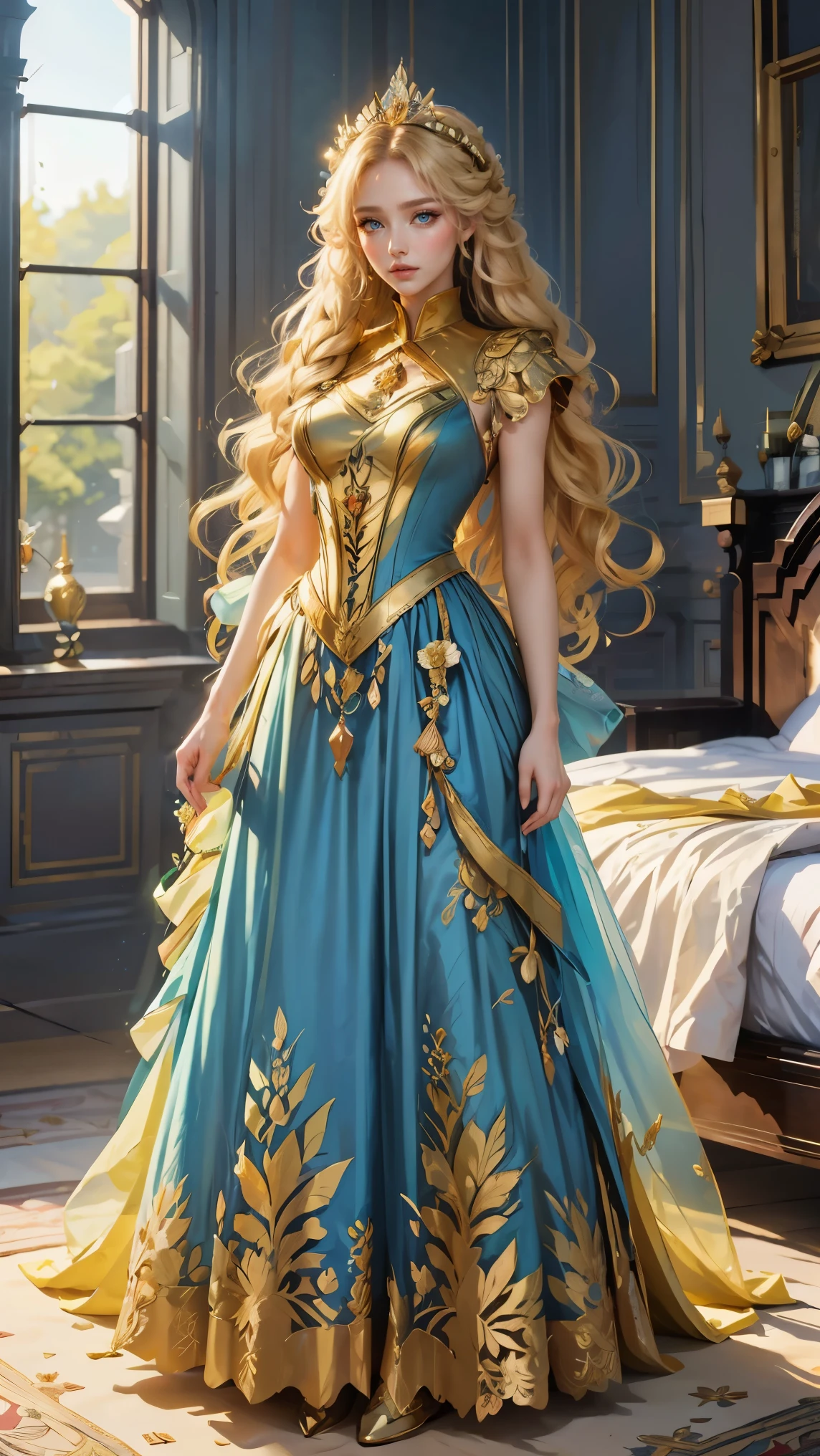 Best quality, masterpiece, ultra high res, raw photo, beautiful and aesthetic, deep shadow, fairy theme,(ultra detailed:1.3),
1girl, standing pose, flower headdress, drill hair, long hair, blonde hair, gradient hair, yellow eyes, solo, huge breasts, big hair, blue hair, divine goddess, looking at viewer, indoors, queen bedroom, empress bed, room full of curtain, astraea, full body, golden dress, victorian dress, transparant dress 