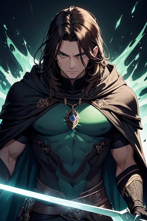Make a BUFF MALE CHARACTER with Dark brown hair, Piercing green colour eyes, that wears shadowy armor that seems to absorb light with his cloak is a deep emerald green, and he wears a pendant with an ominous, swirling gem. He has a longsword named “Nightshade,” crafted from a mysterious black metal and imbued with dark, infernal magic. It emanates a cold, dark energy when drawn.