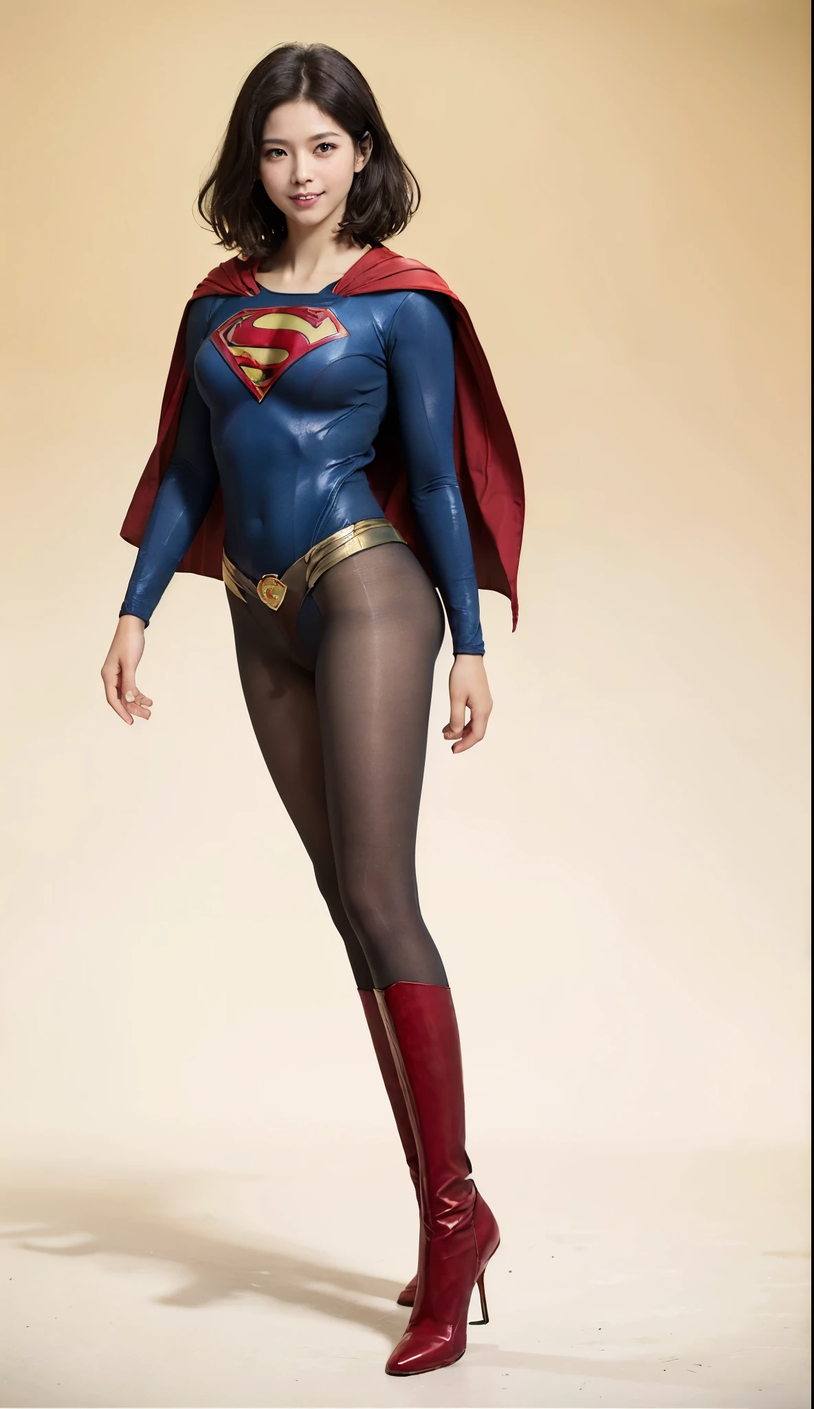 No background、(((Beautiful legs in black tights.)))、(((Legally express the beauty of your smile)))、((((Make the most of your original images)))、(((Supergirl Costume)))、(((Beautiful short hair)))、(((Smiles and winks)))、(((Please wear black tights....、Wear red boots)))、((Best image quality、8k))、((highest quality、8k、masterpiece:1.3))、(((Preserve background )))、Sharp focus:1.2、Beautiful woman with perfect figure:1.4、Slim Abs:1.2、Wet body:1.5、Highly detailed face and skin texture、8k