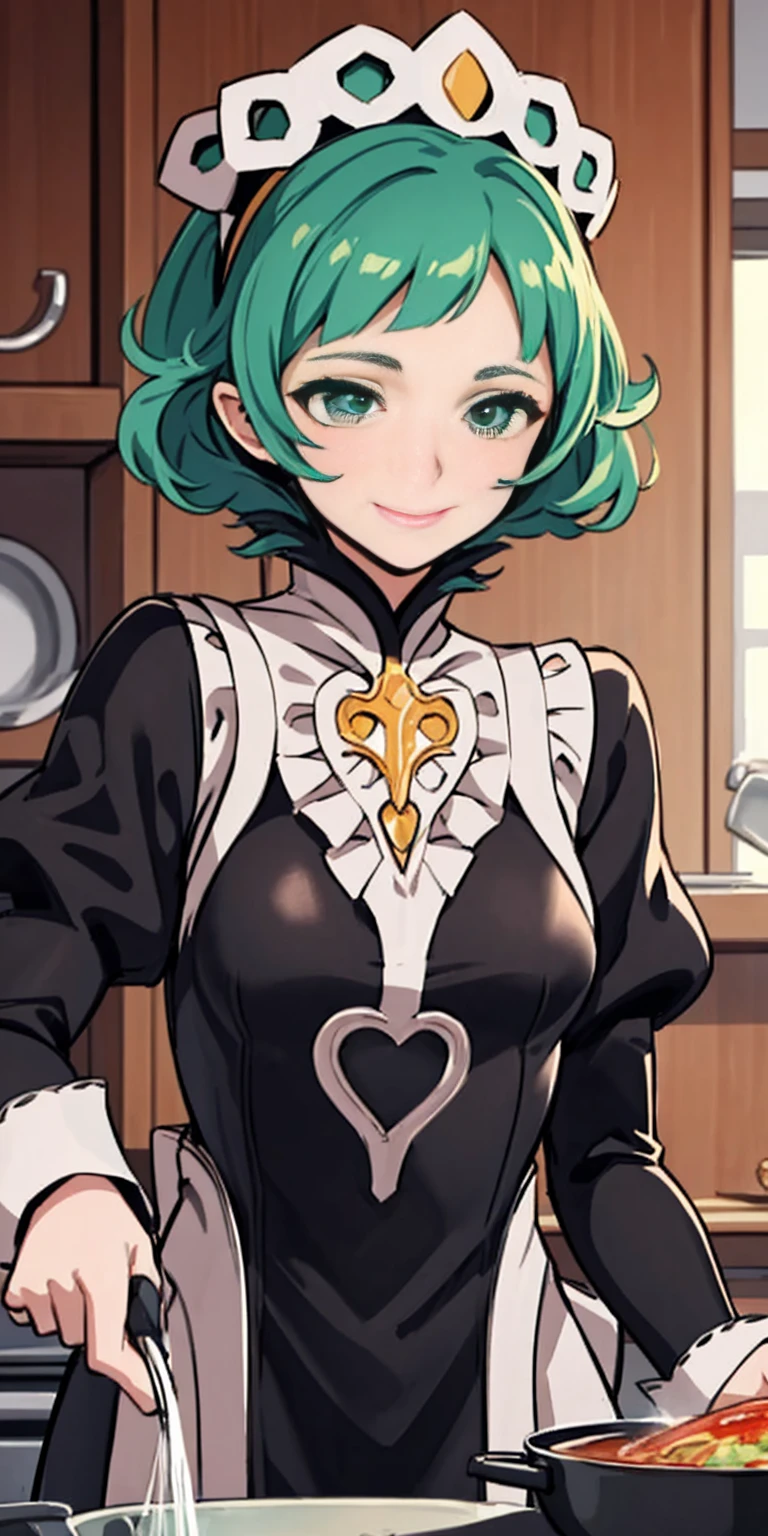 masterpiece, best quality, syrene, green eyes, headband, fates maid, kitchen, upper body, cooking, smile