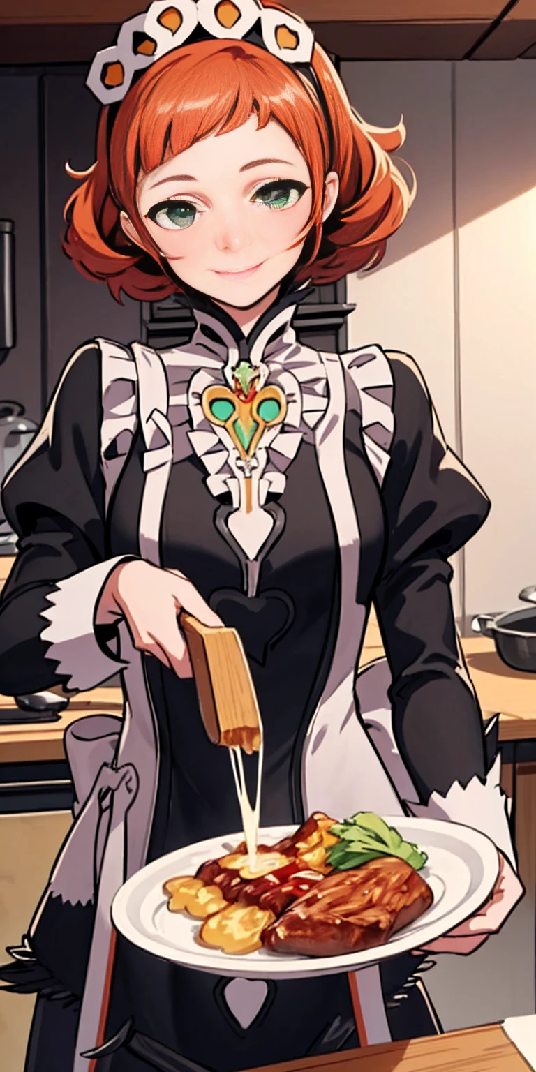 masterpiece, best quality, syrene, green eyes, headband, fates maid, kitchen, upper body, cooking, smile