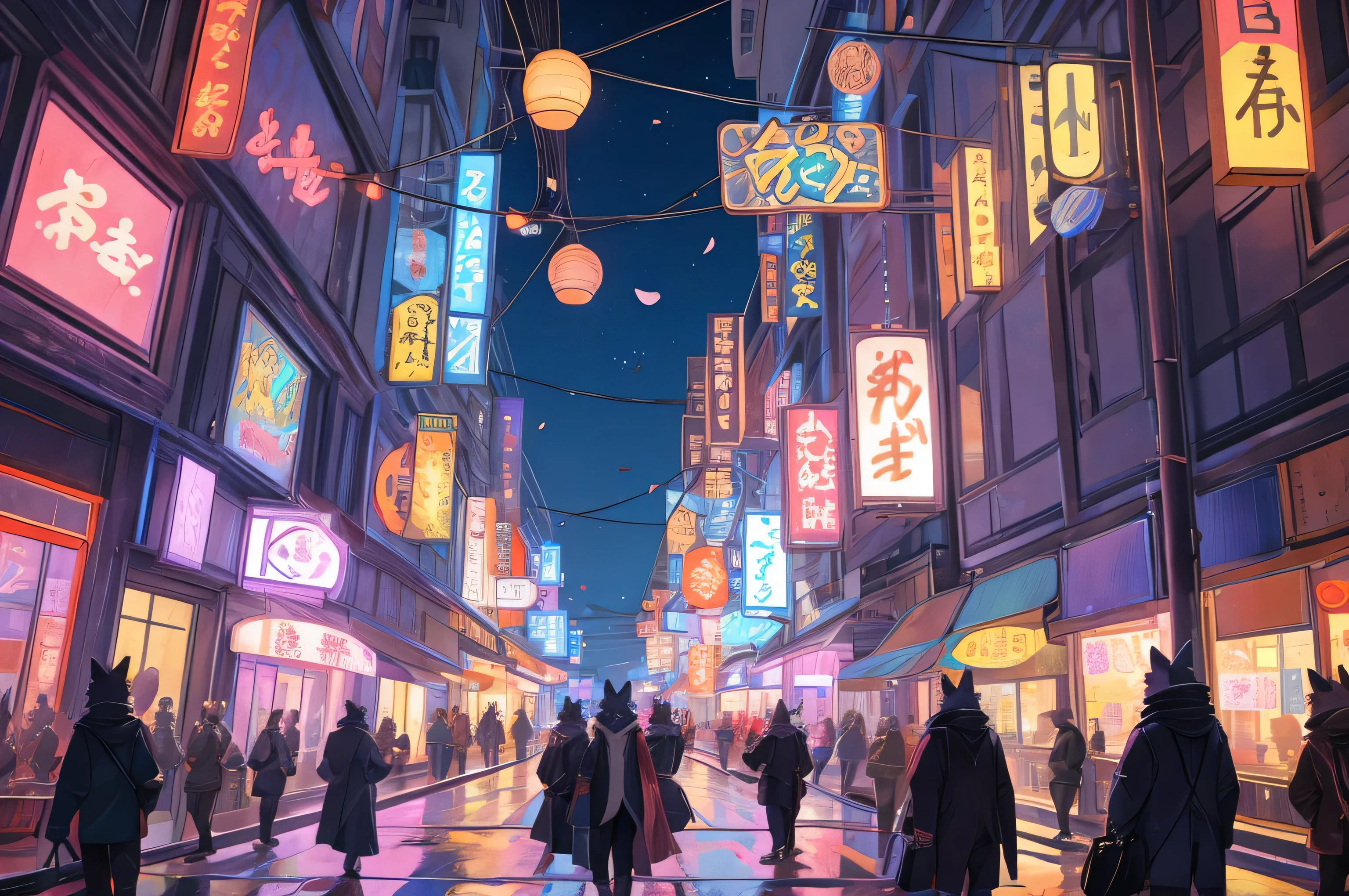 "Create an image featuring a bustling downtown Tokyo scene filled with thousands of dogs of various breeds, sizes, and colors. The background should depict a vibrant urban landscape with tall buildings, neon signs, and busy streets. Each dog should have a unique expression and pose to add liveliness and chaos to the scene. Position one distinctive cat prominently amidst the dogs, with a sly, confident expression. The cat should stand out, perhaps with a sleek black or striking calico appearance. Place the text 'Cat me if you can' in a clear, prominent position, integrated into a billboard, neon sign, or graffiti on a wall. Use a stylized font that is playful and readable. Apply vibrant colors and dynamic lighting to reflect the city's bustling atmosphere, and add whimsical touches like floating cherry blossom petals or subtle magical glows to capture the enchanting feel of Studio Ghibli.