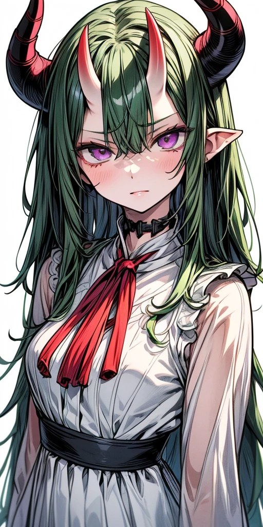 masterpiece, best quality, 4k, face close-up, portrait, 1girl, solo, beige hair, light green hair, pale green hair long hair, purple eyes, empty eyes, small breasts, (oni girl, oni horns), serious, determined, straight shot, white blouse, one piece blouse, japanese clothes, medieval fashion, standing, arms behind back, looking at viewer, white background, simple background, transparent background