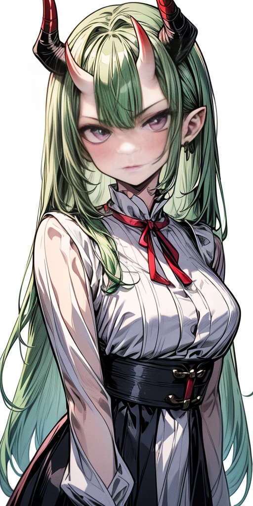 masterpiece, best quality, 4k, face close-up, portrait, 1girl, solo, beige hair, light green hair, pale green hair long hair, purple eyes, empty eyes, small breasts, (oni girl, oni horns), serious, determined, straight shot, white blouse, one piece blouse, japanese clothes, medieval fashion, standing, arms behind back, looking at viewer, white background, simple background, transparent background